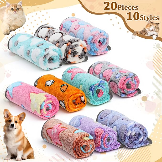 BrightRow 20 Pcs Puppy Blankets Bulk, Soft Fleece Blankets for Small Pets