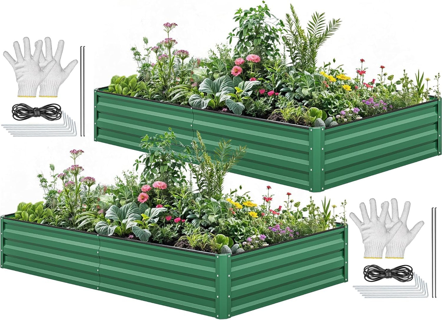 YITAHOME 96x48x12 in 2pcs Galvanized Raised Garden Bed Kit, Large Metal Planter Box with Gloves, Safety Rubber & Support Rod, Green