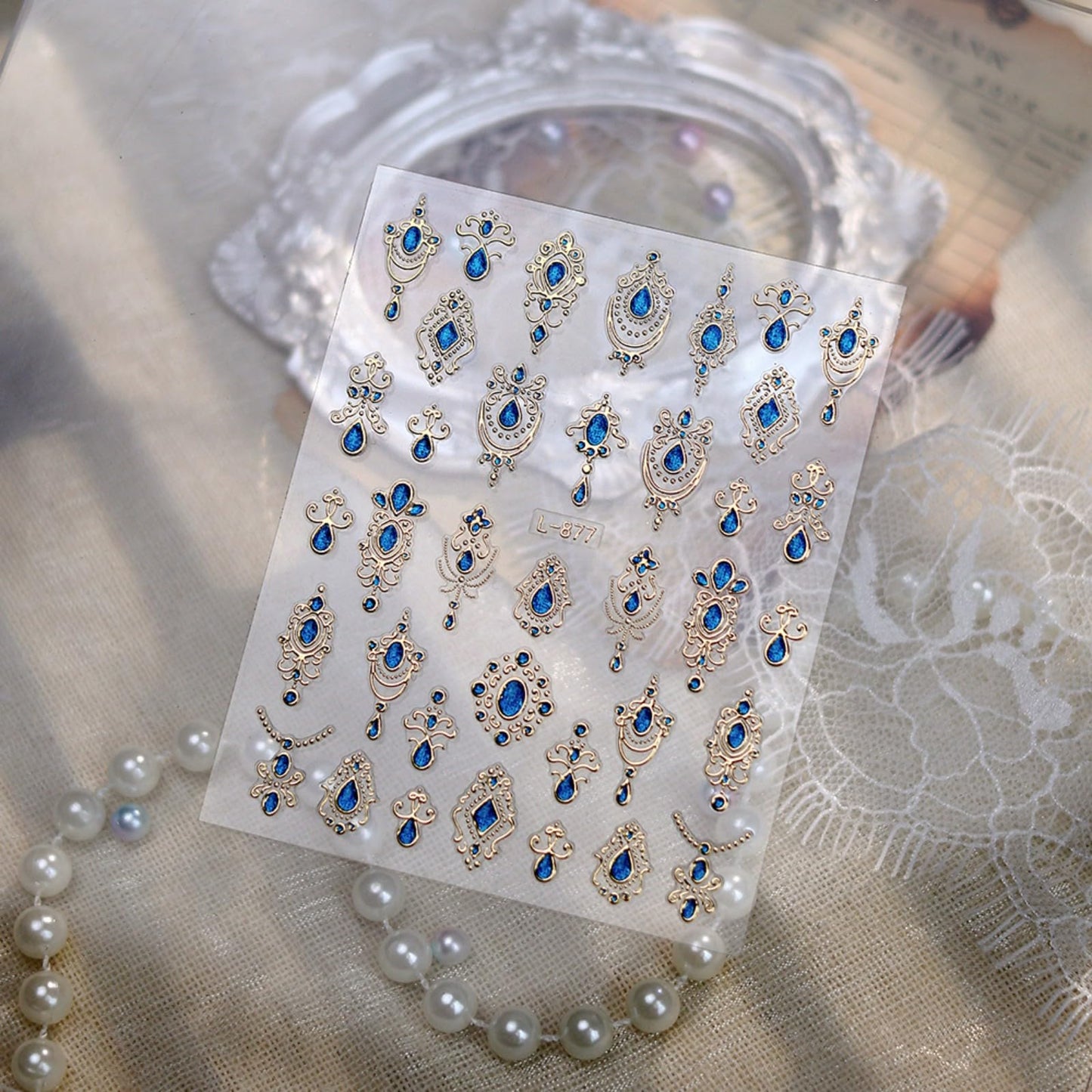 Gem Pattern Nail Art Stickers, 3D Embossed Retro Nail Decals, Self Adhesive Baroque Nails Decoration Supplies for Women Nails Design(Blue Gem-6 Sheets)