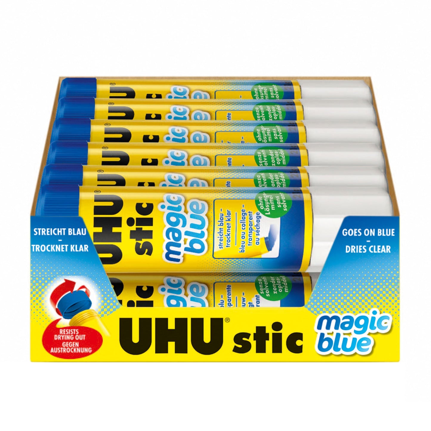 UHU Colored All Purpose Glue Stick 12-Pack Blue Applies & Dries Clear, 1.41oz - Non-Toxic, Washable. Permanent Strong Bond, Solvent-Free with Screw Cap,