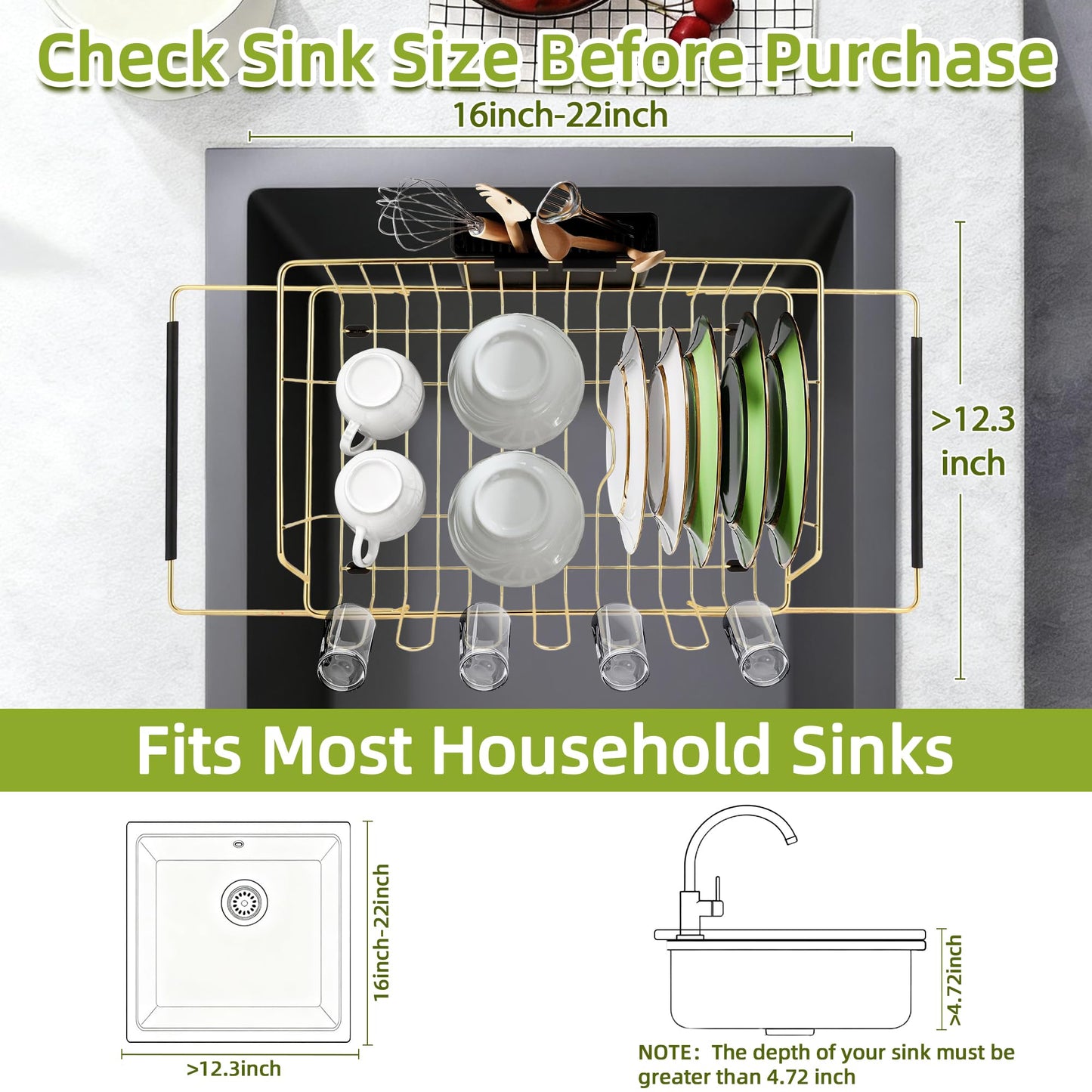 HAYAWEY Golden Expandable Dish Drying Rack-Extra Large Stainless Steel Dish Drainer Over The Sink for Kitchen Countertop with Utensil Holder, Applicable for Sink Width 16'-22' (Gold,23.2'*12.2')