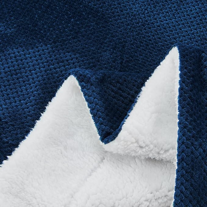 SOCHOW Waffle Sherpa Fleece Throw Blanket, Super Soft Fuzzy Warm, Lightweight Fluffy Reversible Plush Blanket for Bed Sofa Couch, 60 x 80 Inches Navy Blue