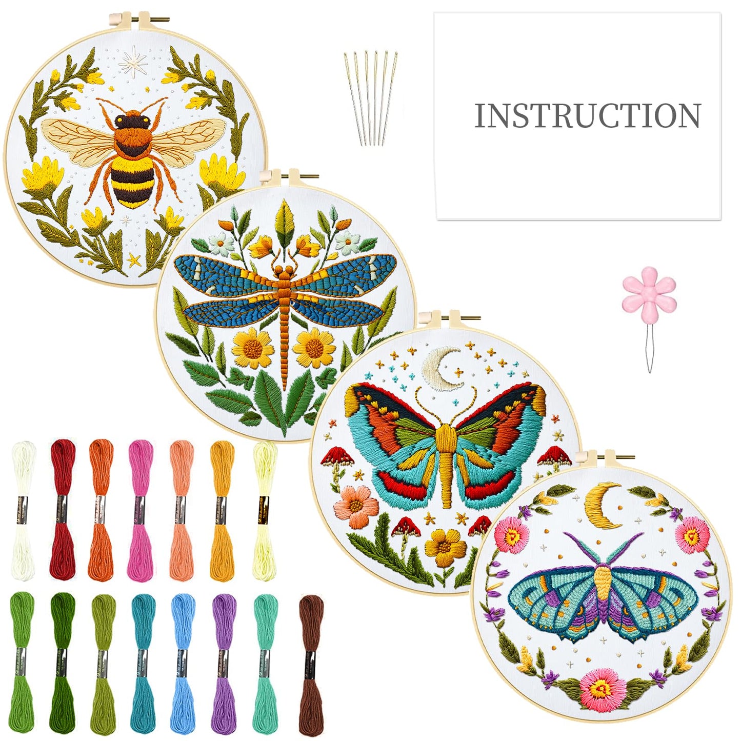 INFUNLY 4 Sets DIY Insect Pattern Embroidery Kits for Starter 11.8"×11.8" Flowers Plants Embroidery Hoop kit Handmade Bees Embroidery Kits Moth Needlepoint Kit with Instruction for Adults Beginners