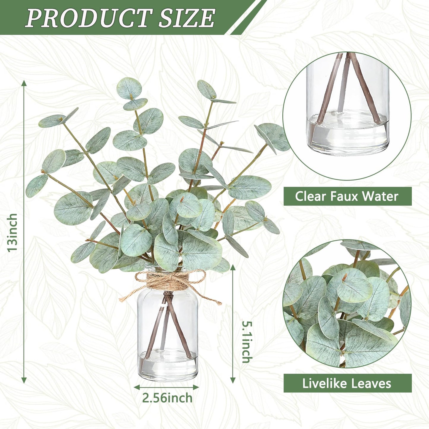 Piklado Fake Eucalyptus Stems in Vase with Faux Water,Artificial Plants Eucalyptus Leaves for Shelf Desk Bathroom Farmhouse Room Coffee Table Faux Greenery Plants Decorations (Green)