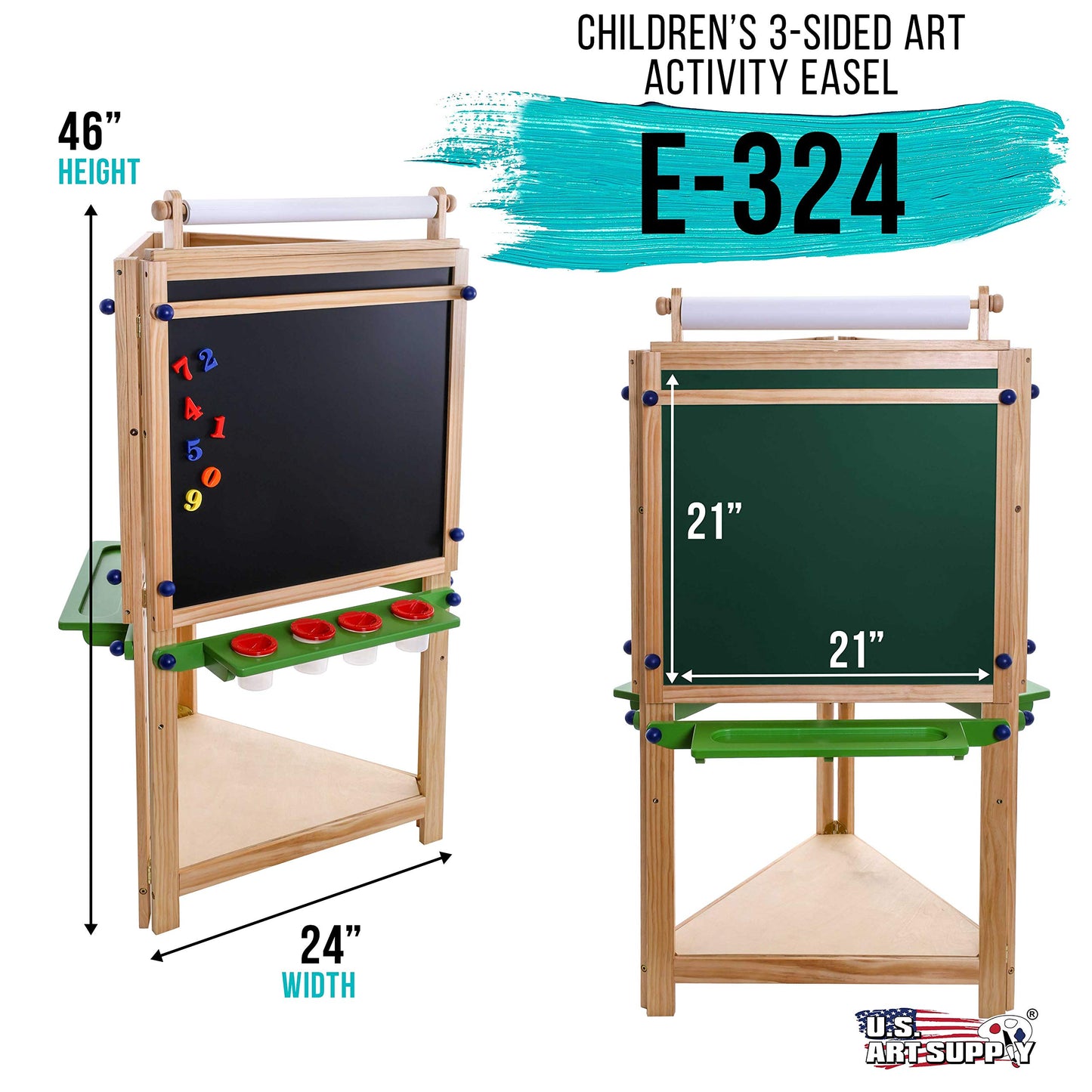 U.S. Art Supply Three Sided Art Station, Wooden Activity Easel with Paper Roll & Shelf - Easel for Drawing, Magnetic Whiteboard, Chalkboard Artist Station & Plastic Paint Cups