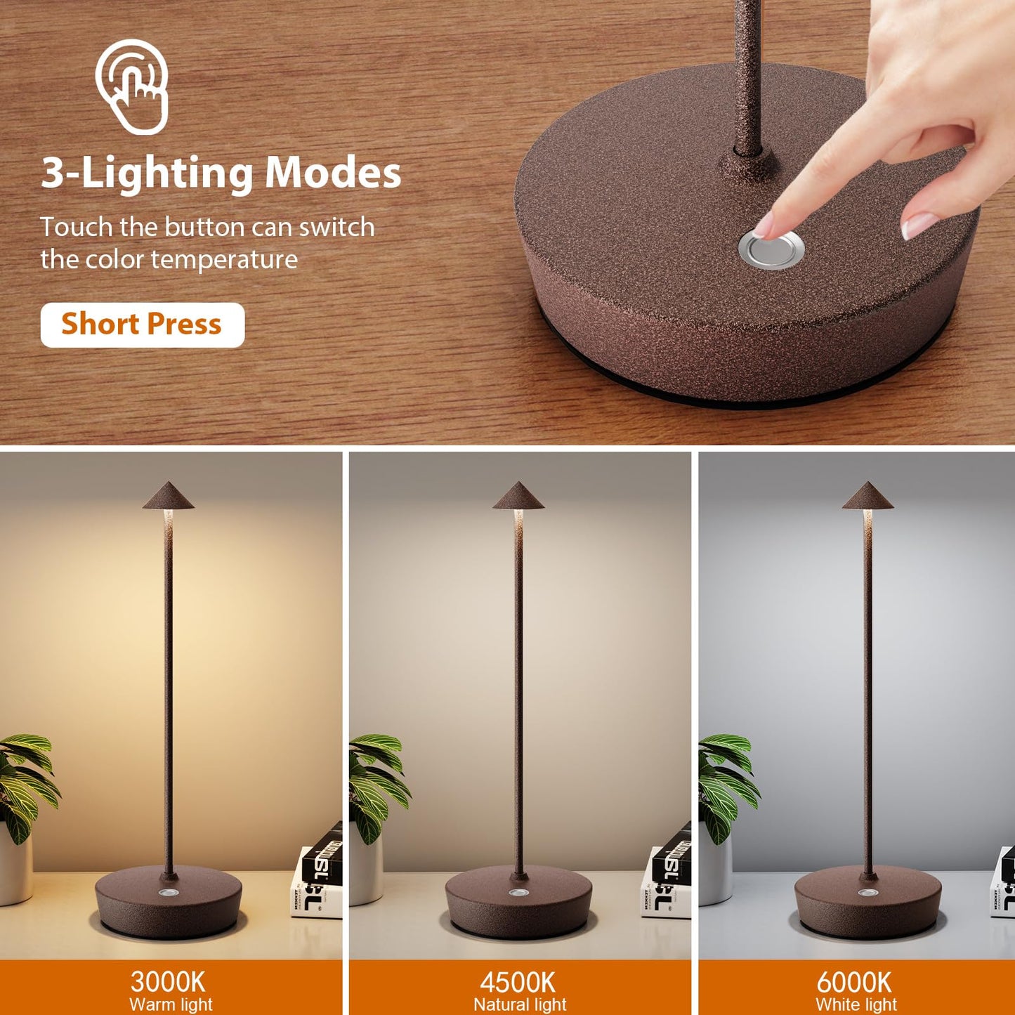 YIBEN 2Pack Rechargeable Cordless Table Lamp, Portable Powered LED Battery 6000mAh Metal USB Desk Lamp, 3 Levels Brightness Light for Restaurants Outdoor (2pack ferruginous)