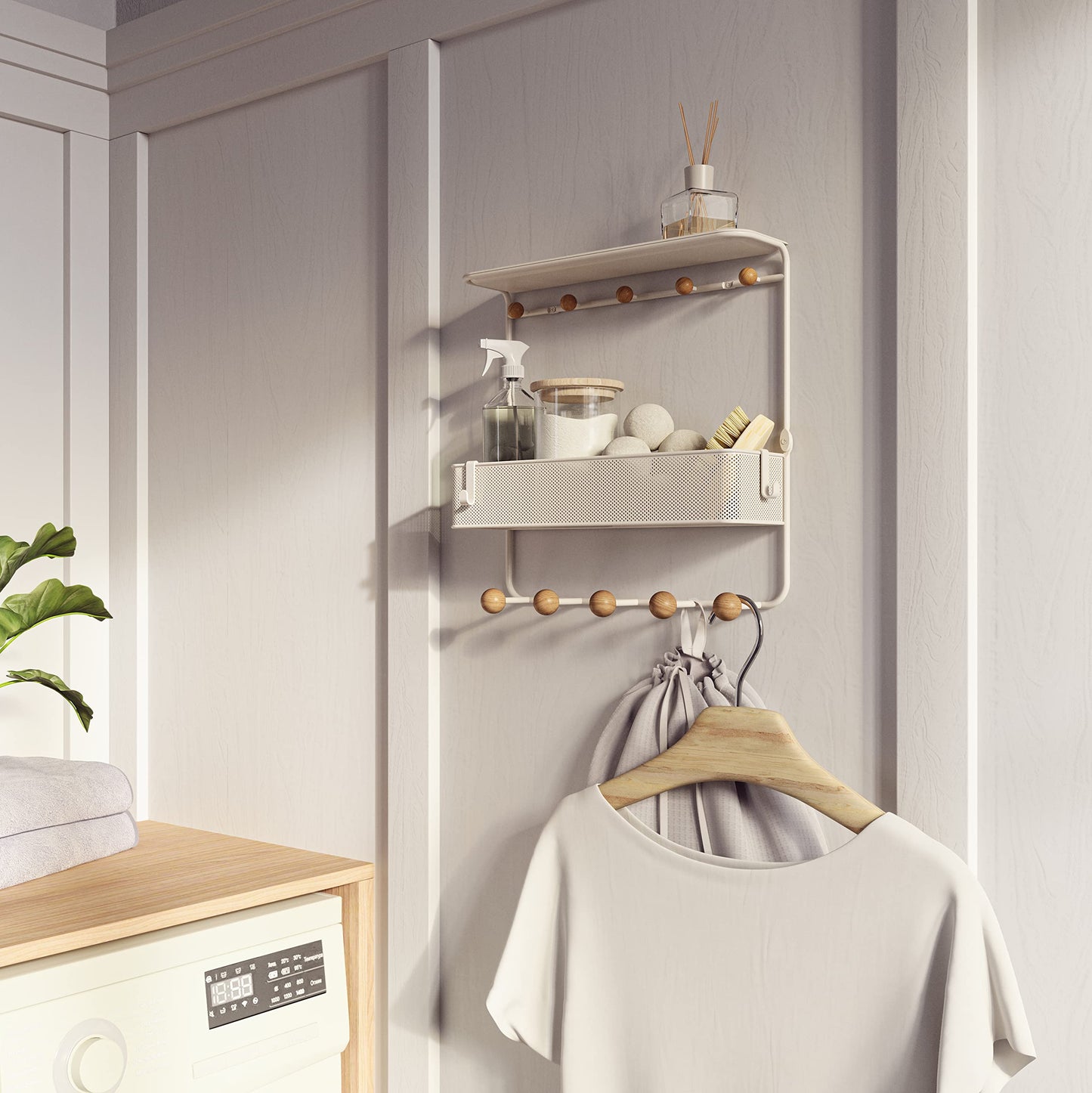 Umbra Estique Entryway Organizer Storage Solution with Cubby Bin, Shelf and Hooks for Keys, Mail, Glasses, Wallet, Purse, Hat, and More, White