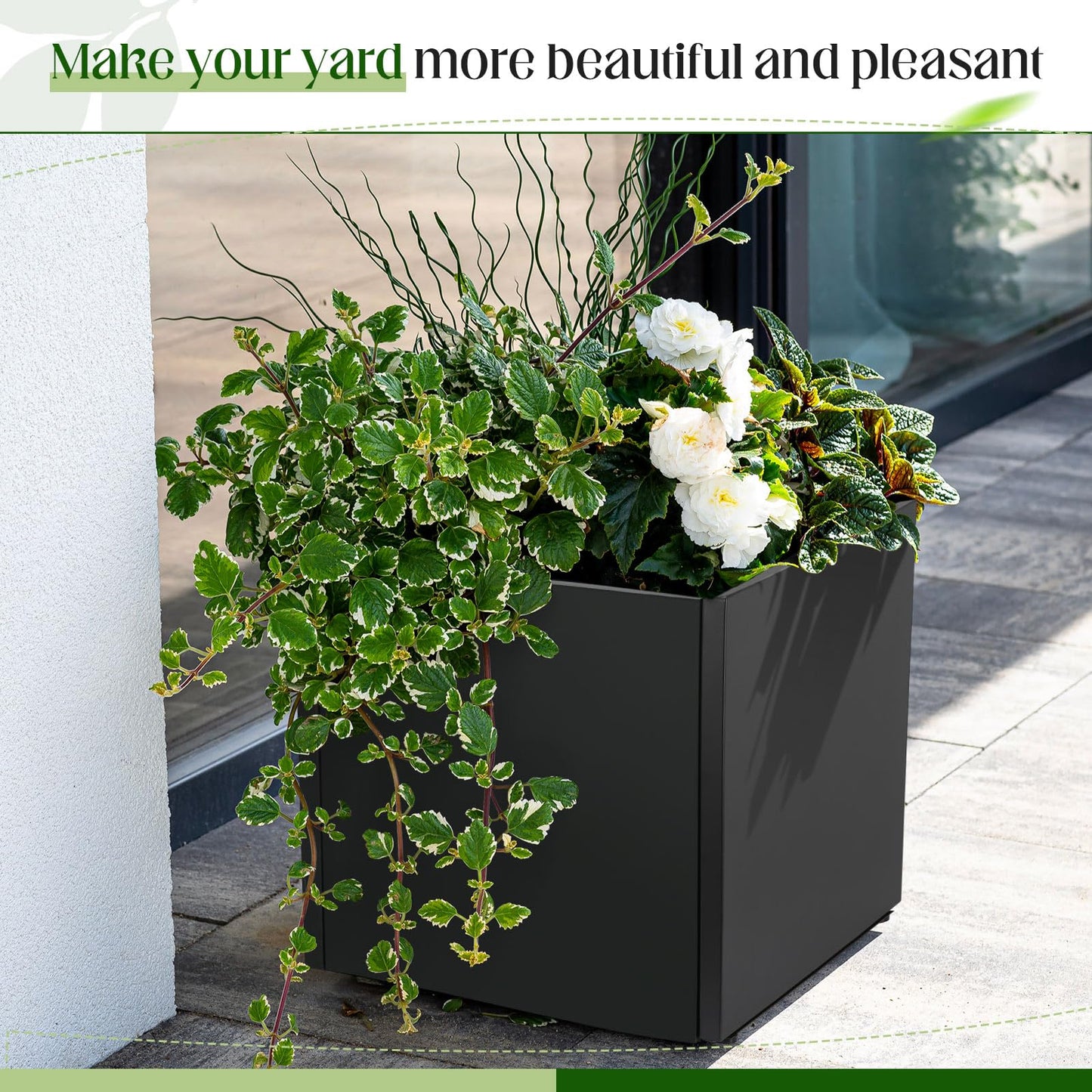RimCereal 2 Pcs Extra Large Black Square Planter Box Outdoor 17" L x 17" W x 18" H Heavy Galvanized Steel Planters with Drainage Holes Divider for Patio Porch Tall Plants