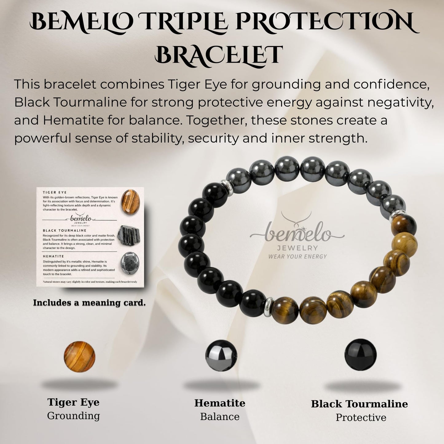 BEMELO Triple Protection Bracelet for Men & Women, 8mm Tiger Eye - Black Tourmaline - Hematite, Natural Stone Beaded Stretch Bracelet