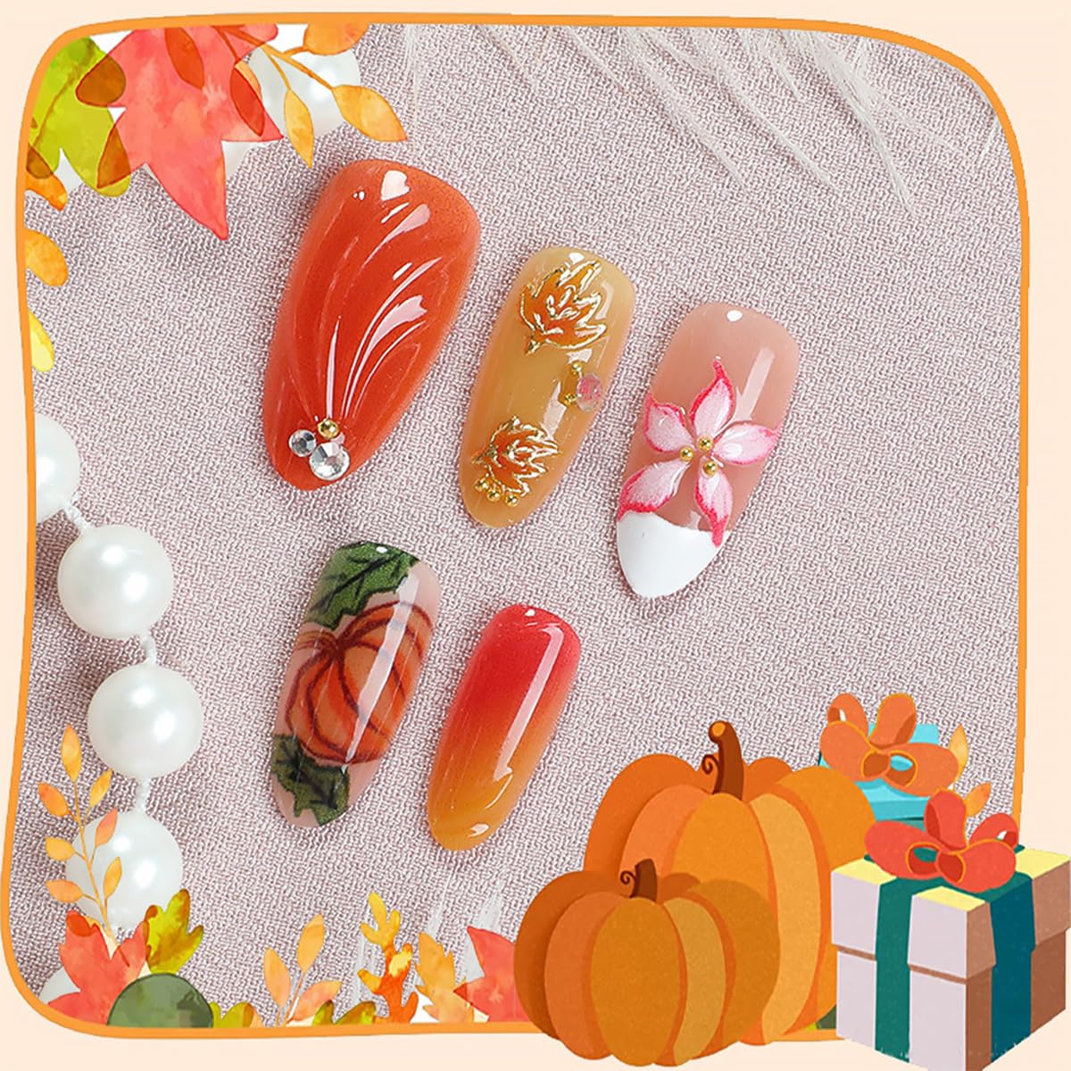 30Pcs Fall Press on Nails Medium Almond French Tip Fake Nails with 3D Flower Gold Sliver Gems Design Maple Leaf Pumpkin False Nails Glossy Glue on Nails Full Cover Artificial Stick on Nail for Women