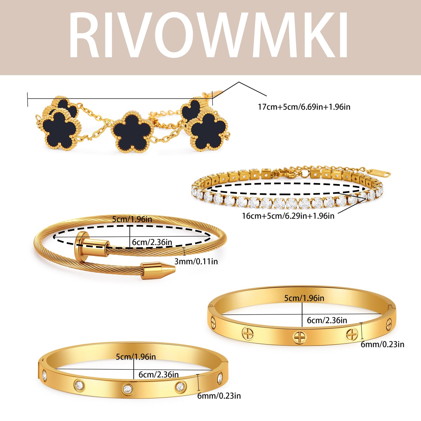 RIVOWMKI 18K Gold Plated Bracelet Set for Women, Sparkling CZ Bangle Adjustable Tennis Bracelet, Stackable Clover Jewelry, Non Tarnish Non Fade Long Lasting Shine for Client Meeting Afternoon Tea