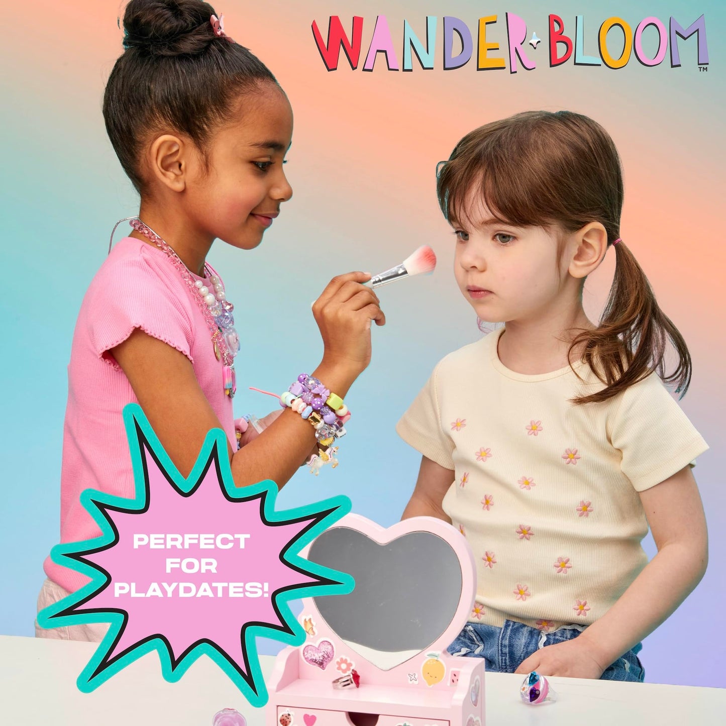 Wander Bloom Beauty Playset, Kids Makeup Kit with Over 85 Pieces, Including Press-On Nails, Lip Balm, Blush, and Face Gems, Pretend Dress-Up Toy for Girls