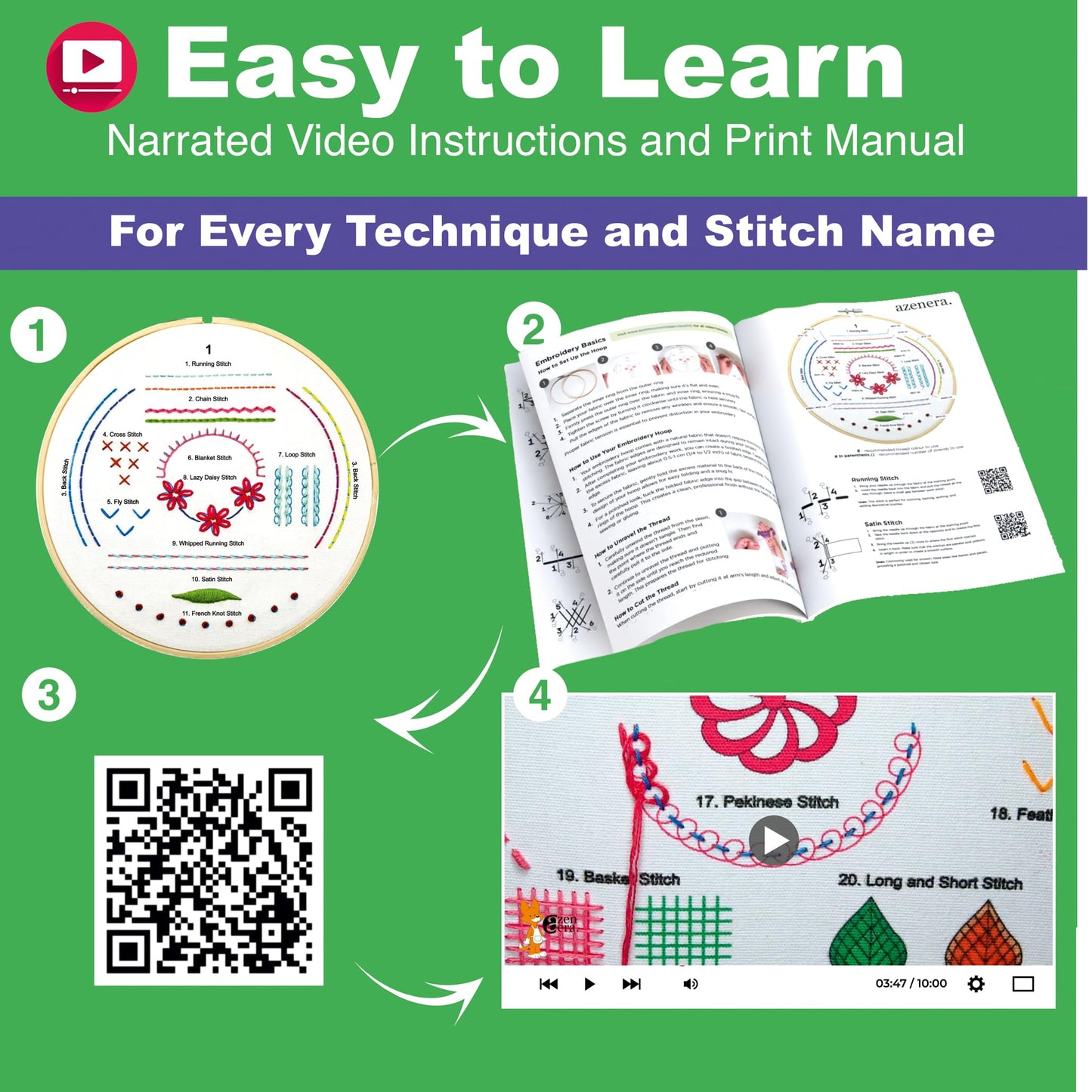 Azenera Beginner Embroidery Kit (4 Pack) Learn 33 Stitches with Easy DIY Video Tutorials, Coloured Design Patterns, Thread Floss, Cross Stitch Hoop, Gift (AZA100)