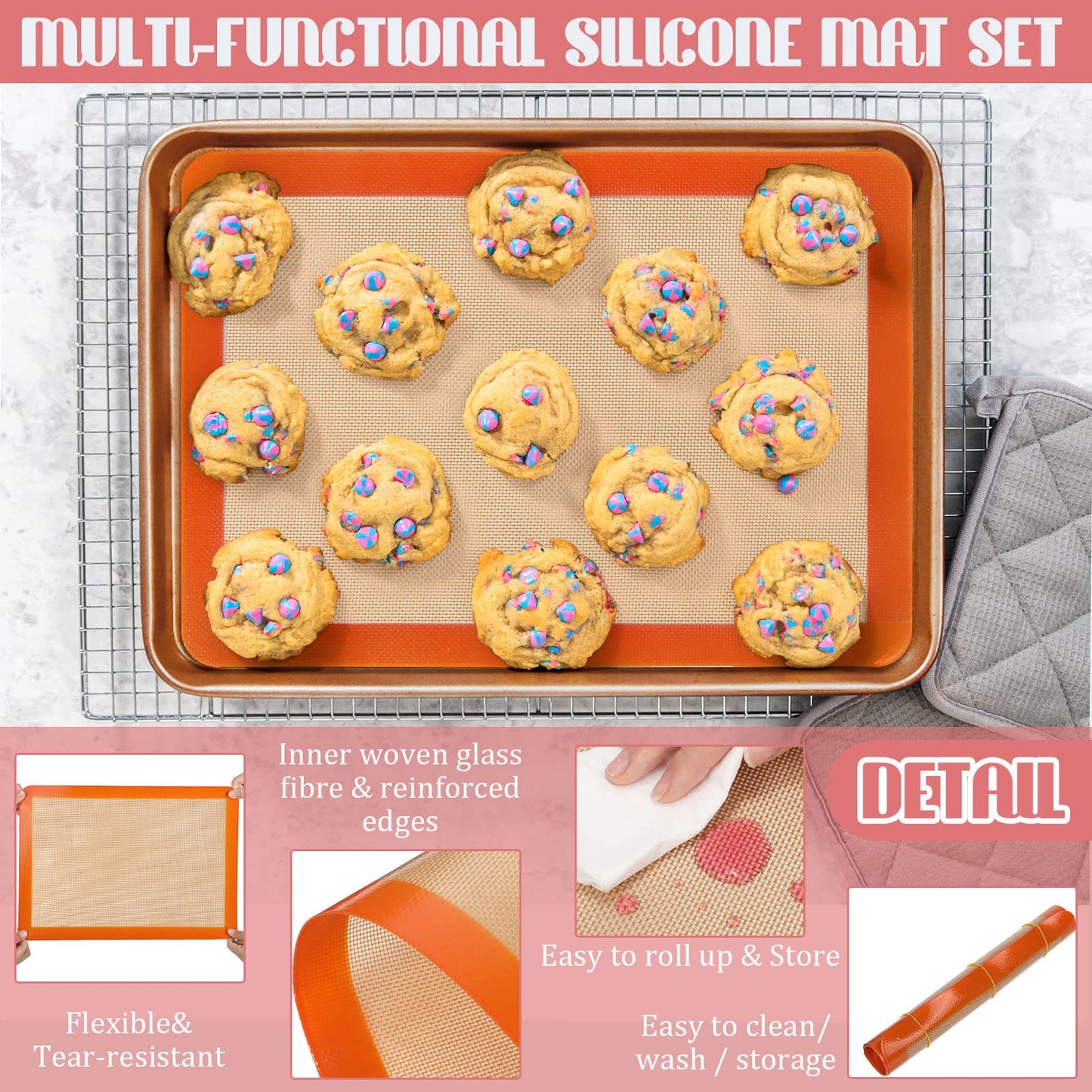Nuanchu 8 Pieces Silicone Baking Mat Non-stick Silicone Baking Half Sheet 16.5'' x 11.6'' Silicones Cookie Sheet Easy Clean Oven Cookie Liner for Oven Making, Macaroon, Bread Pastry(Multi Color)