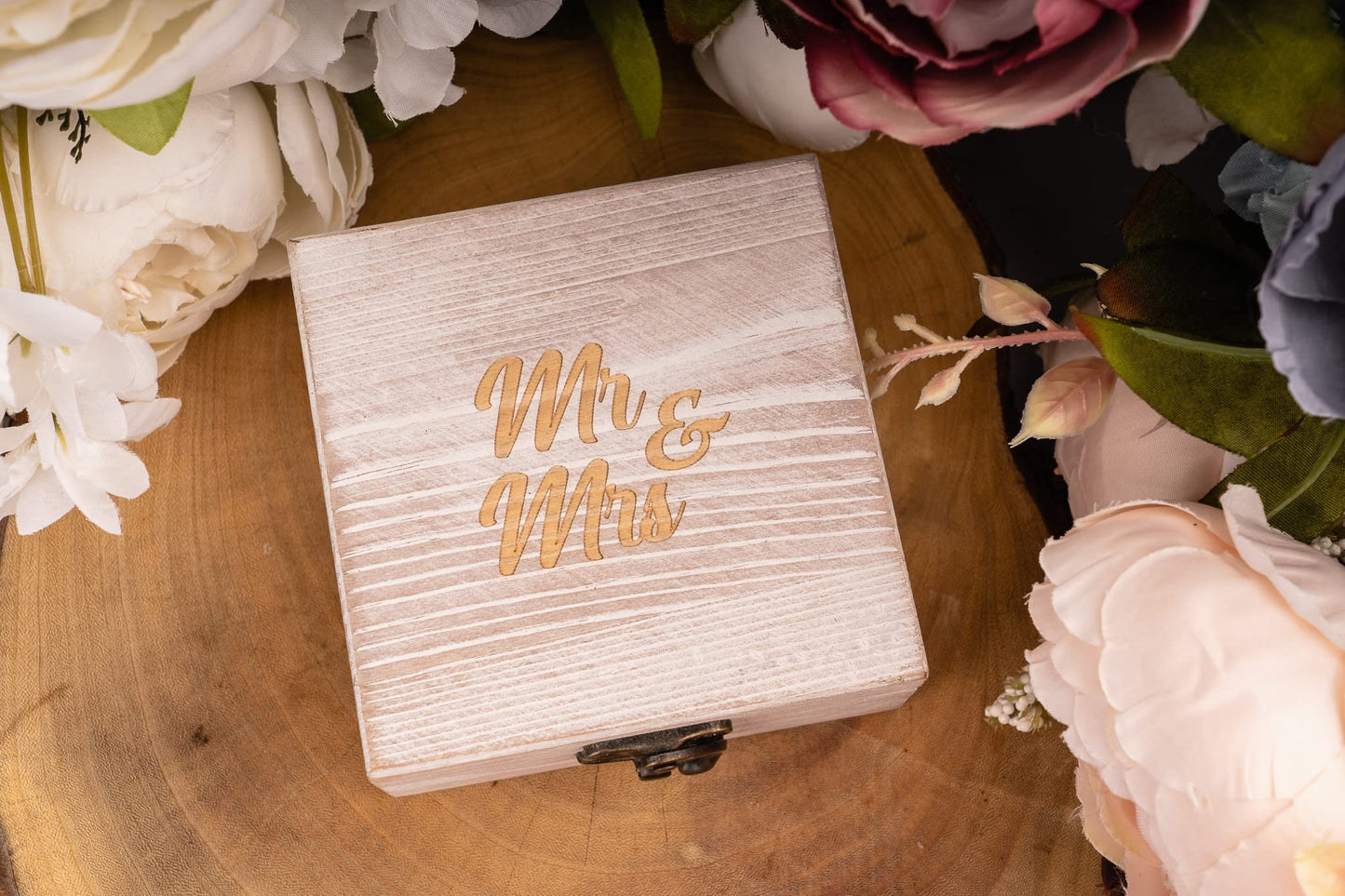 Strova Wooden Ring Box for Wedding Rings and Couple Jewelry - Engraved Mr. & Mrs. Lettering - Ring Bearer Box for Display or Personal Organizer - Brass Latch and Soft, Protective Ring Cushions