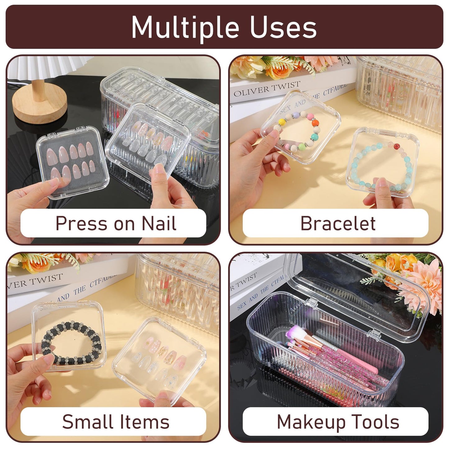 24 Pcs Clear Press On Nail Storage Box with 2 Large Organizers and 60 Adhesive Tapes, for Fake Nail Display, Nails Salon Packaging, and Nails Art Organization
