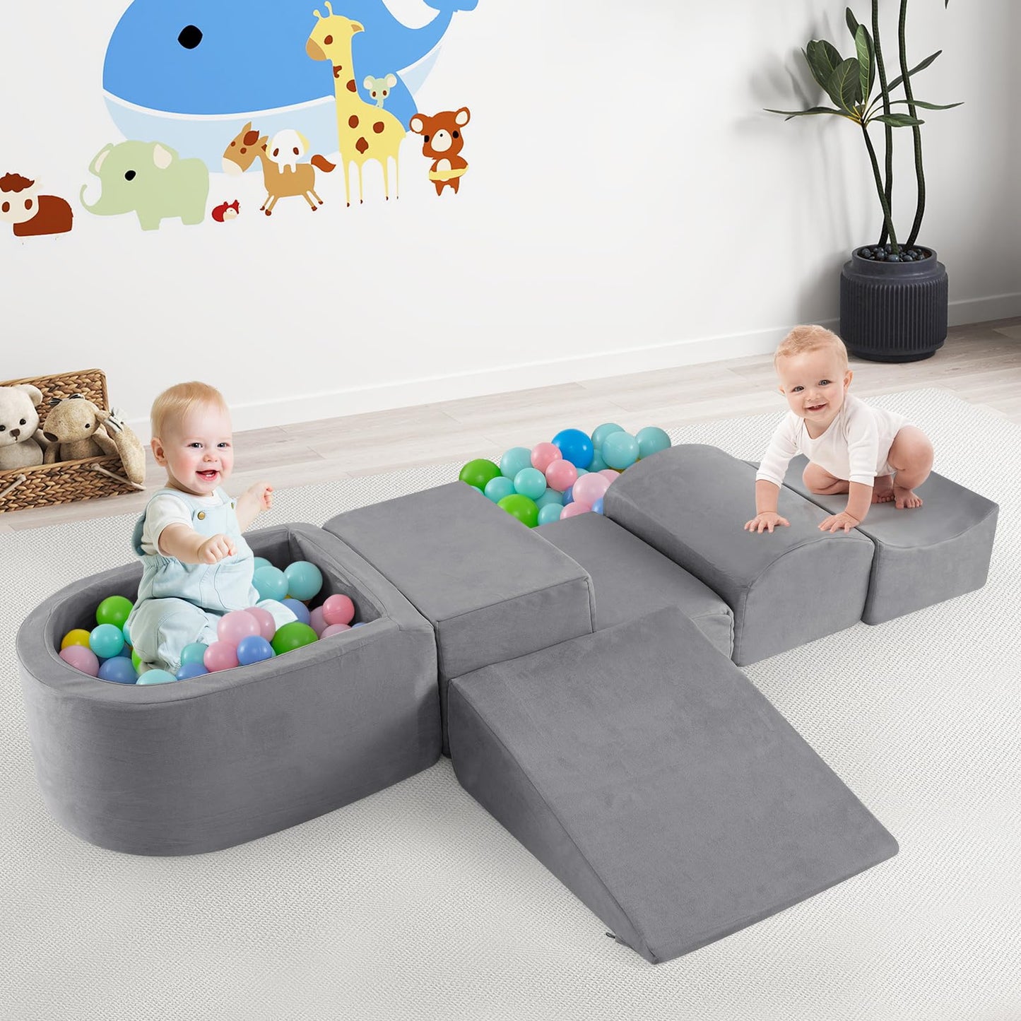 INFANS Climbing Toys for Toddlers, Foam Climbing Blocks and Ball Pit for Baby, 5pc Kids Climb and Crawl Block Activity Structure Play Set, Indoor Foam Play Gym for Crawling and Sliding
