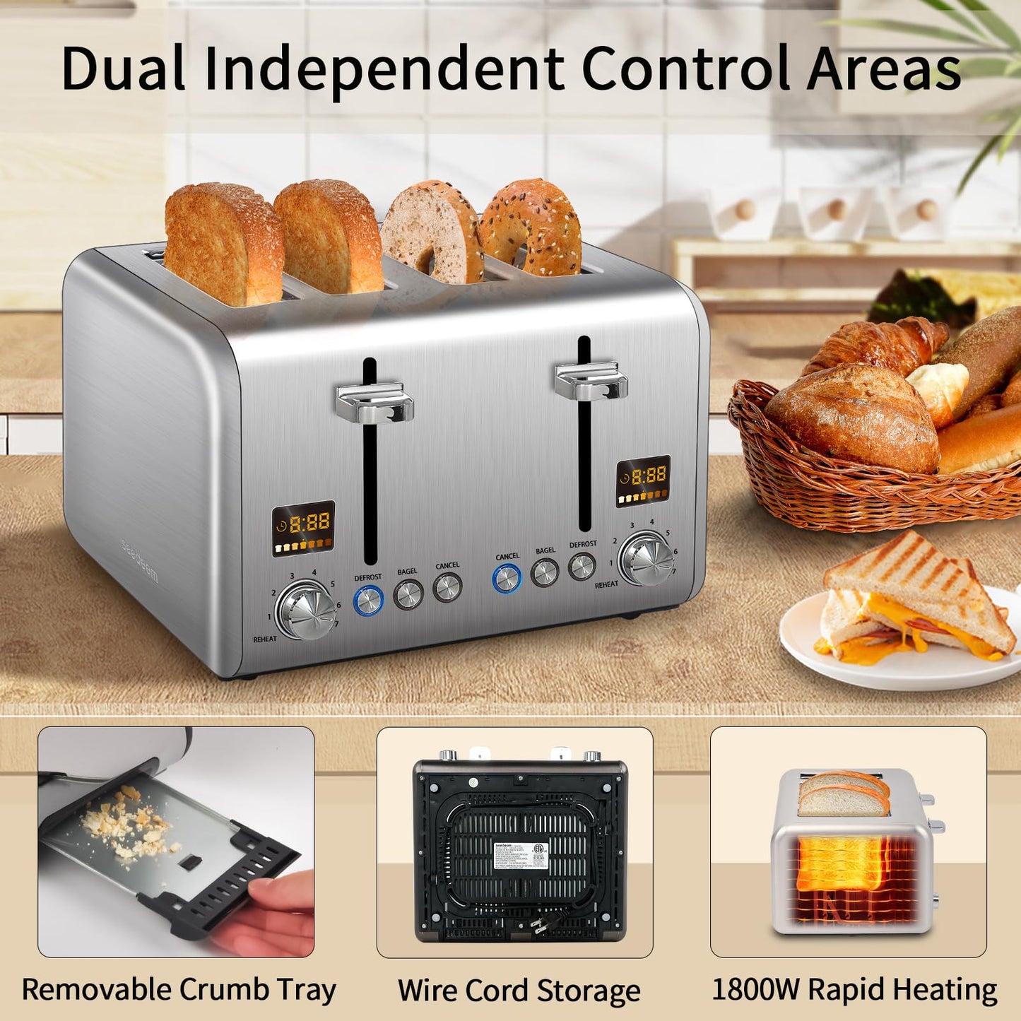 SEEDEEM 4 Slice Stainless Toaster - Color LCD Display, 7 Shade Settings, 1.5'' Wide Slots with Bagel/Defrost/Reheat Functions, Removable Crumb Tray, Silver Metallic, 1800W