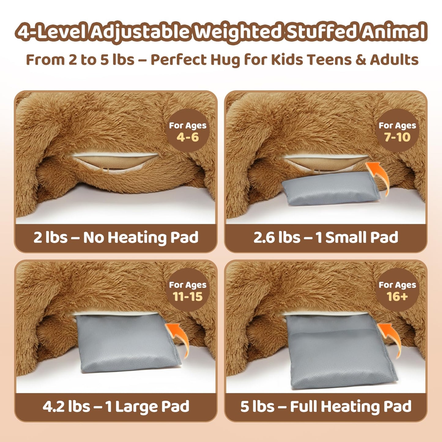 Mewaii Weighted Stuffed Animals for Adults & Kids, 2-5 lbs - 23" Heatable Coolable Bear Plush, Microwavable Adjustable Removable Inner Pad, Realistic Hug Comfort Gift (Brown)