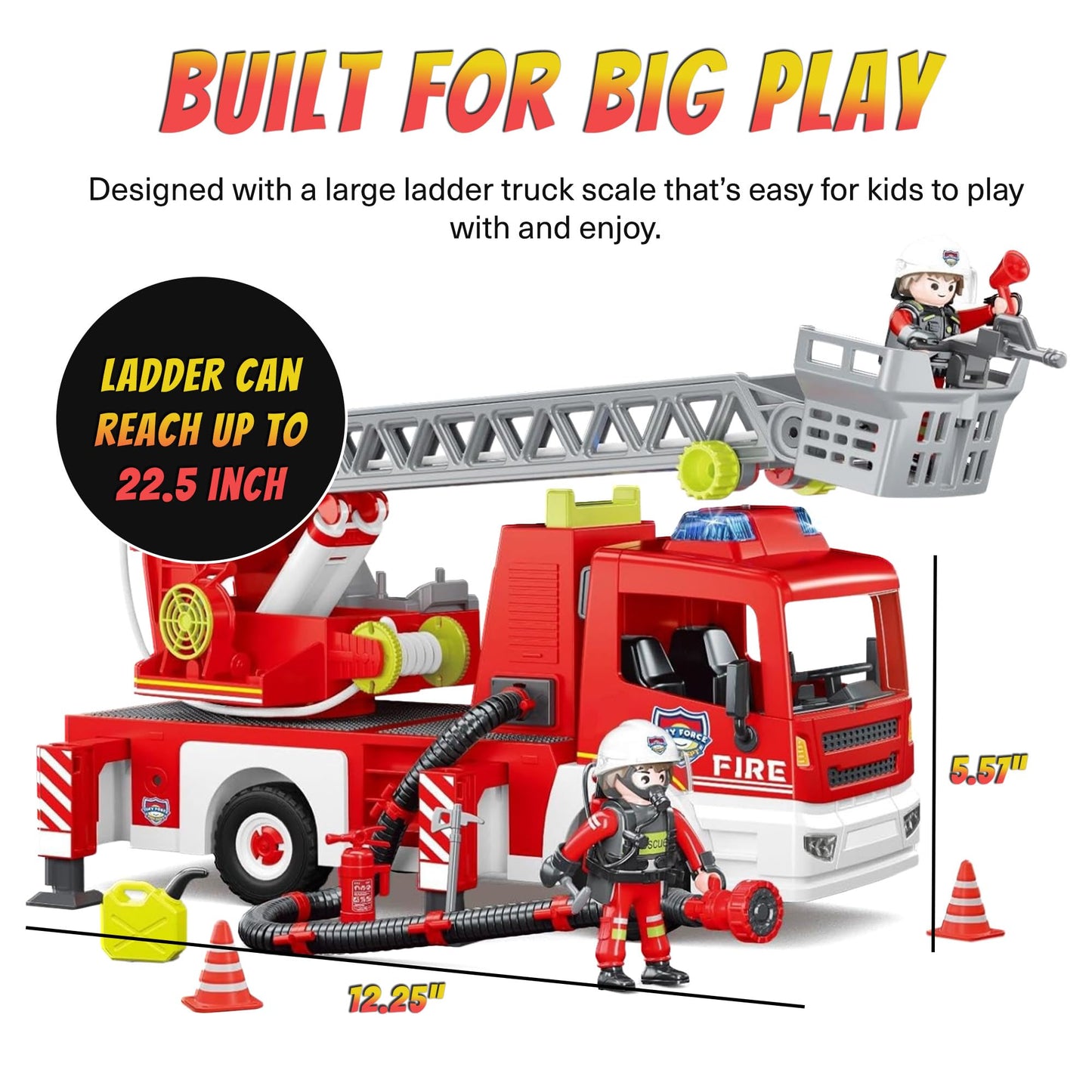 Tiny Force Toy Ladder Fire Truck Toy – Firefighter Fire Truck with Extendable Fire Ladder, Toy Truck for Kids, Perfect Firefighter Gift for Pretend Play Fun