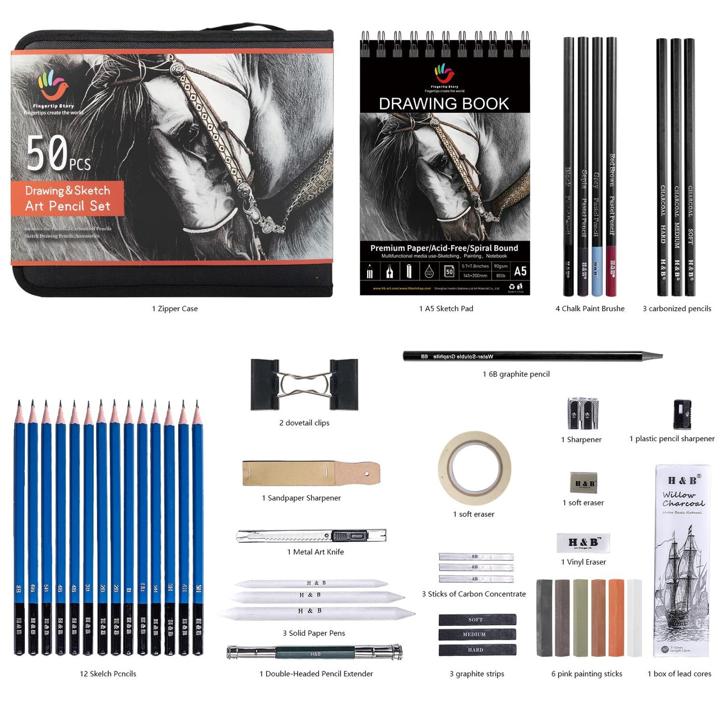 H & B 50 PCS Pro Drawing Set Sketching Kit, Art Kit with Drawing Pencils for Sketching, Graphite and Charcoal Pencils & Sketch Book Set, Art Supplies for Adults and Artists
