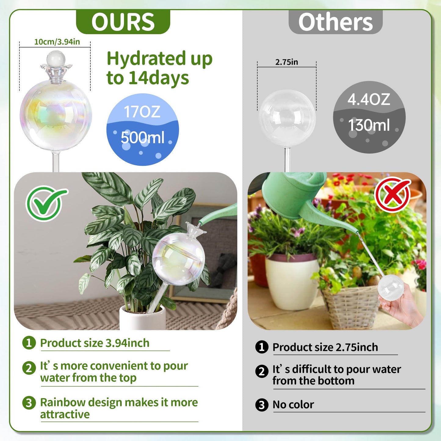 17 oz 2 Weeks Extra Large Plant Watering Globes, Iridescent Glass Self Watering Globes, Self Watering Planter Insert, Plant Watering Devices, Automatic Watering Bulbs for Daily Use (Large 2-Pack)