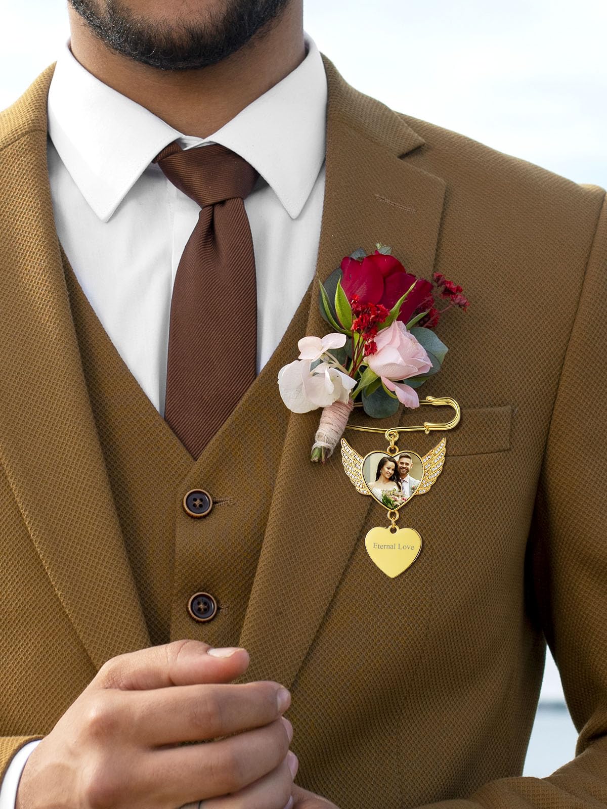 Custom4U Personalized Photos Silver Brooch for Groom Bride Wedding Bouquet Pins with Czs