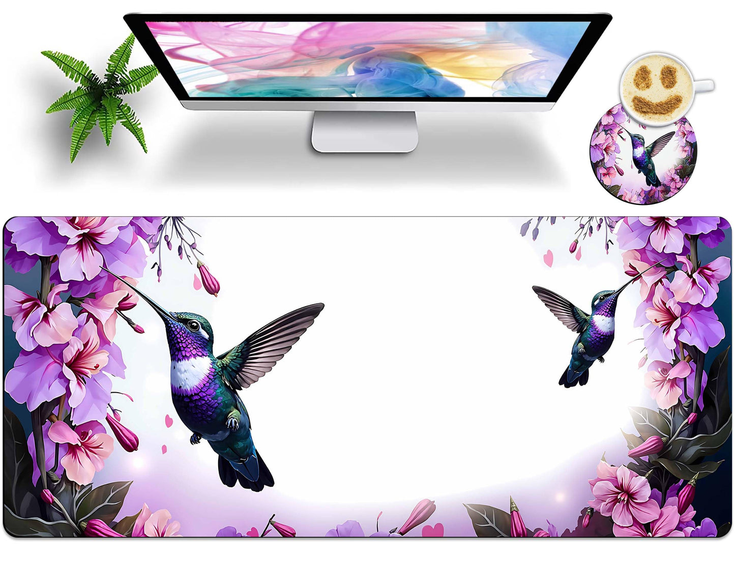Extended Large Mouse Pad with Coaster 31.5x11.8 Long XL Mousepad Desk Mat for Keyboard and Mouse, Waterproof Non-Slip Desk Pad, Office Essentials Desk Accessories for Home Office-Hummingbird