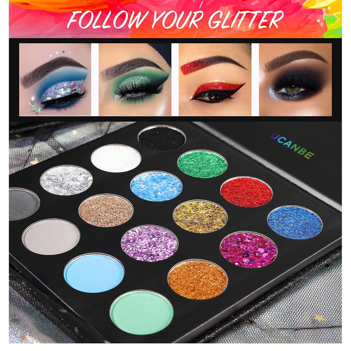 UCANBE Glitter Eyeshadow Makeup Palette - 12 Face Body Chunky & Fine Pressed Glitter + 4 Eye Shadow Powder Make Up Pallet for Theater Party Cosplay Halloween Christmas, Highly Pigmented Ultra Shimmer