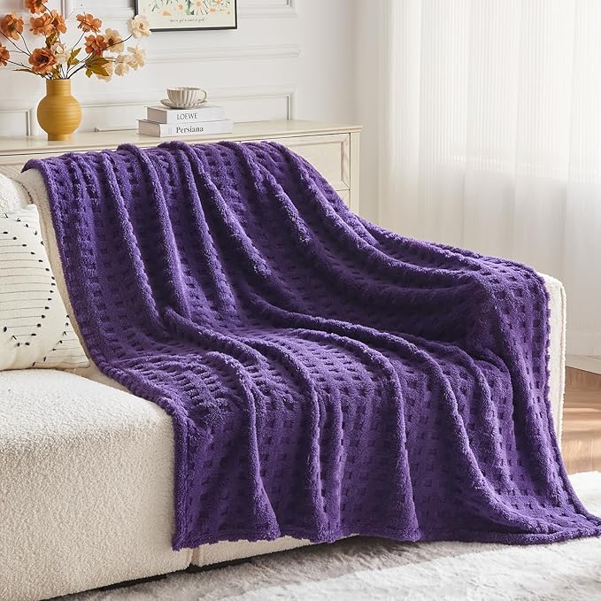 NEWCOSPLAY Super Soft Throw Blanket Purple Premium Silky Flannel Fleece 3D Waffle Checkered Lightweight Bed Blanket All Season Use (Dark Purple, Throw(50"x70"))