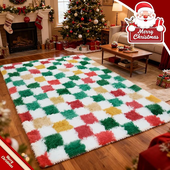 Checkered Area Rug 4x6 for Bedroom Living Room, Christmas Shag Rug Fuzzy Shaggy Bedside Carpet, Indoor Plush Floor Rugs for Kids Boys Girls Room Holiday Home Decor