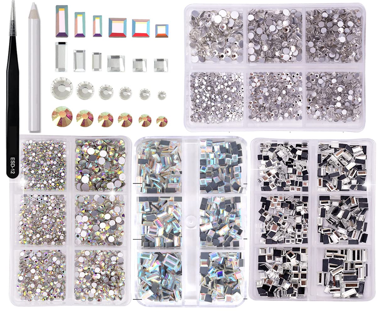 MIKOWEN Nail Art Rhinestones K9 Glass Crystal Iridescent AB Clear Flatback Diamonds for Round &Square Gems Stones Constitute in 6 Mixed Sizes Jewels Set for Nail Design Multiple 2920PCS PenTweezers