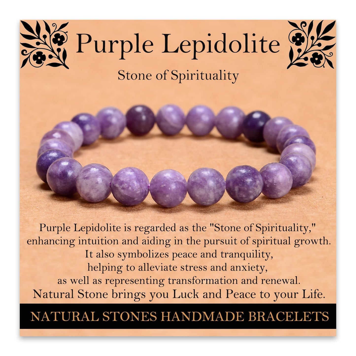 Handmade Natural Gemstone Elastic Bracelet - Healing Crystal Beads Jewelry, Unisex (Purple Lepidolite, 8mm)