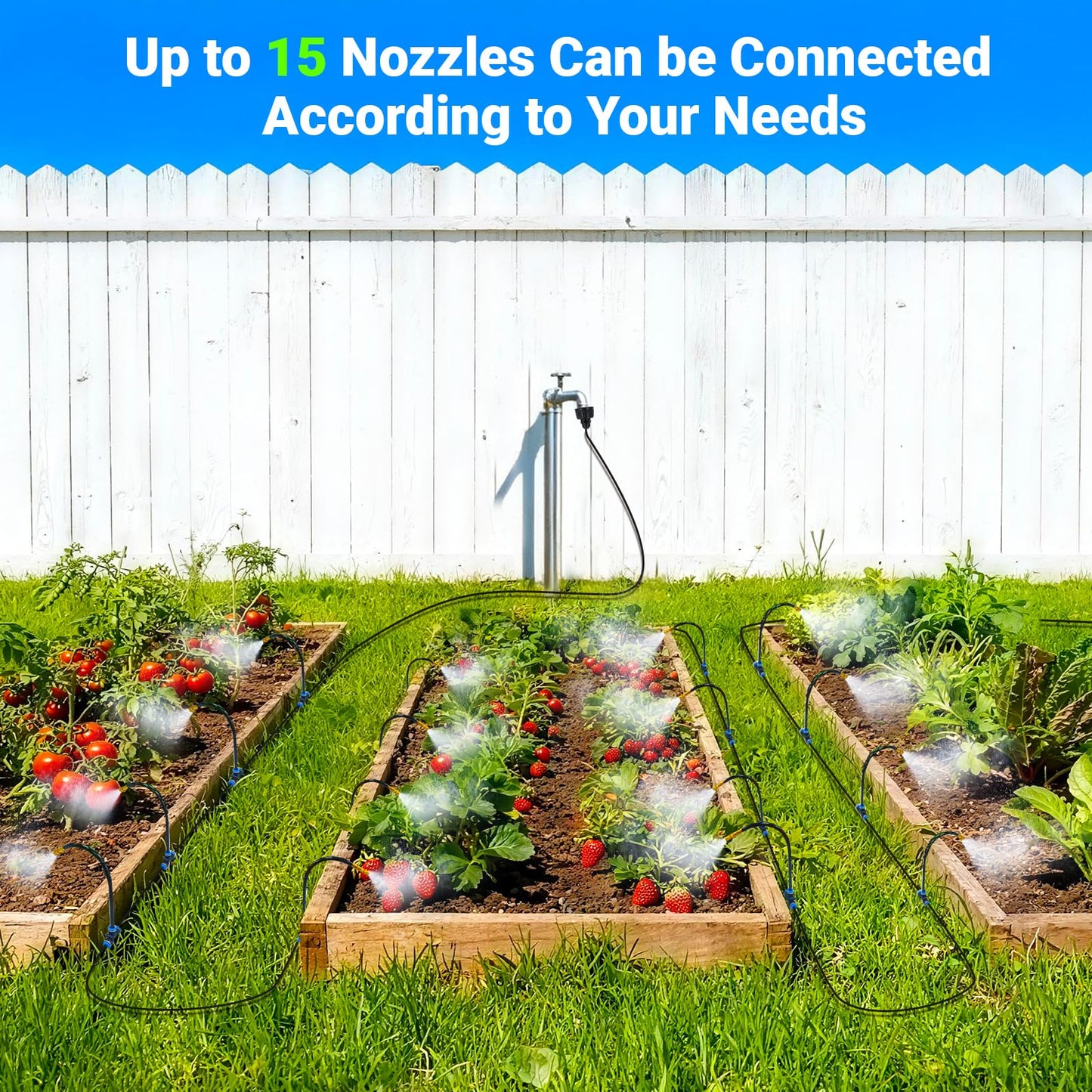 Thiswing 360° Adjustable Drip Irrigation System - Compatible 1/4" Irrigation System, 50FT Garden Watering Atomizing System with 15 Nozzles, Greenhouse Accessories for Yard, Lawn, Plants, Garden