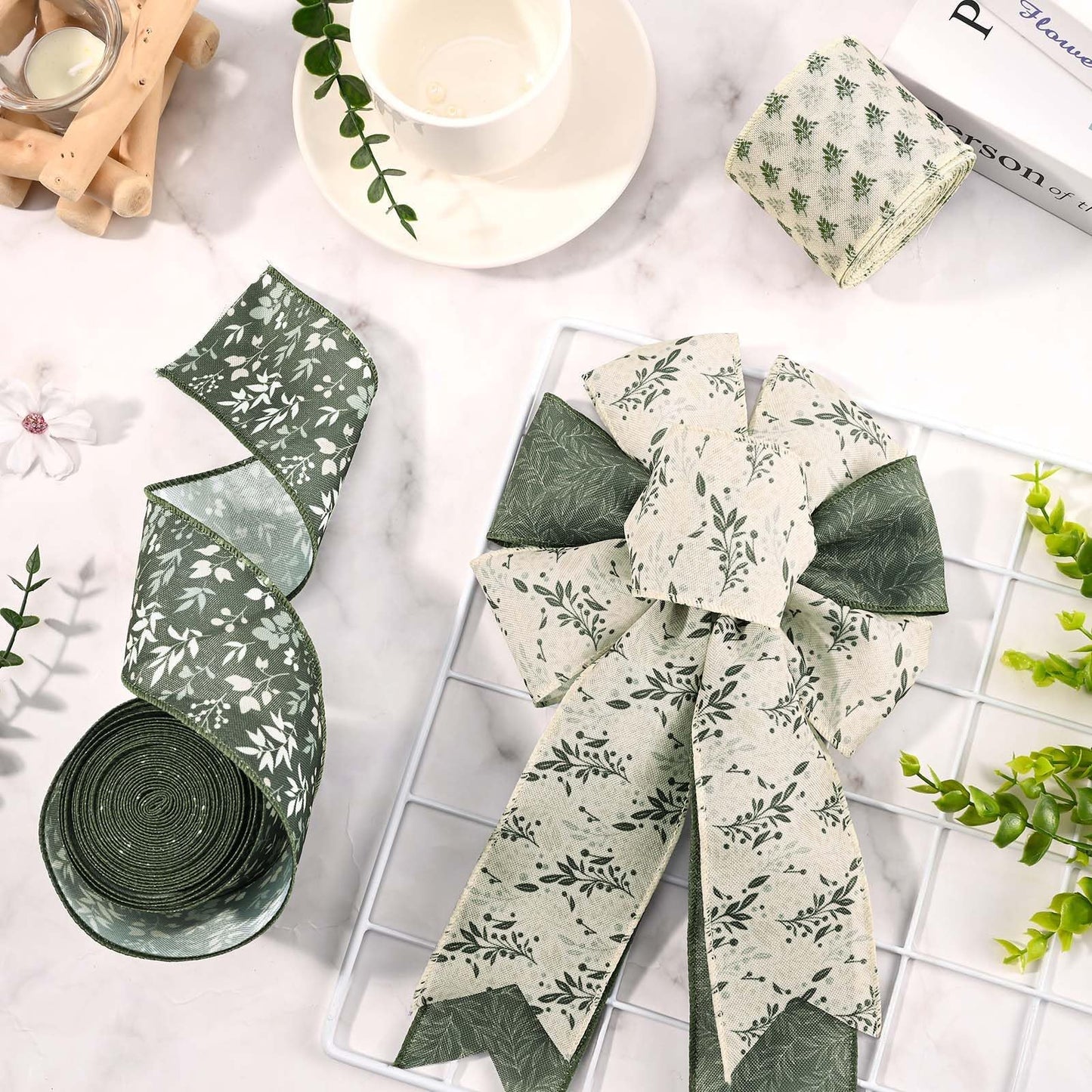 4 Rolls 20 Yards Sage Green Wired Edge Ribbon 2.5 Inch Spring Botanical Floral Buralp Ribbon Greenery Flower Fabric Ribbon for Gift Wrapping DIY Bow Wreath Making Spring Holidays Party Decorations