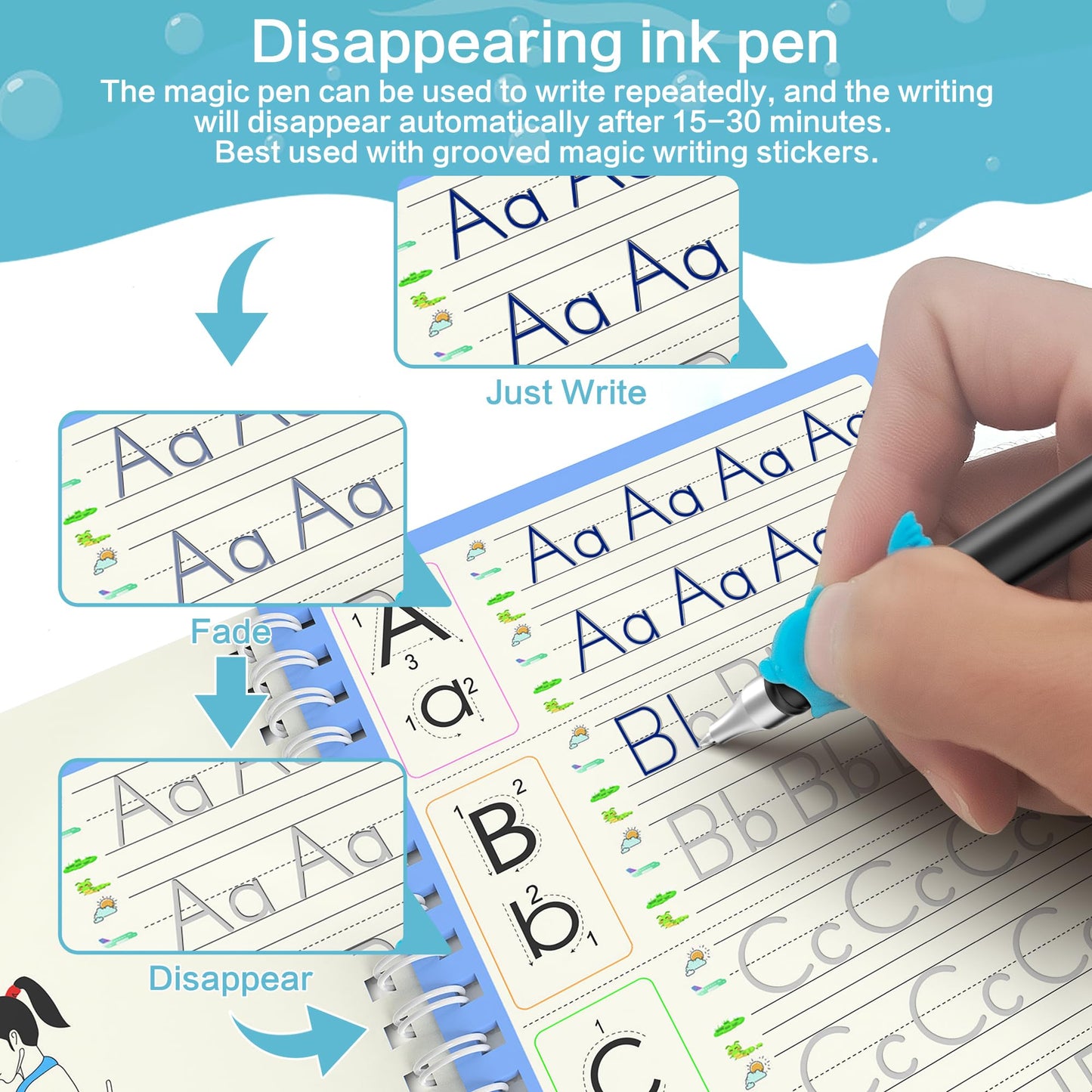 WANFRES Grooved book magic pens for kids disappearing ink pens and reusable grooved handwriting practice or grooved writing books for kids 3-5, children magic copy books, invisible ink pen refills.