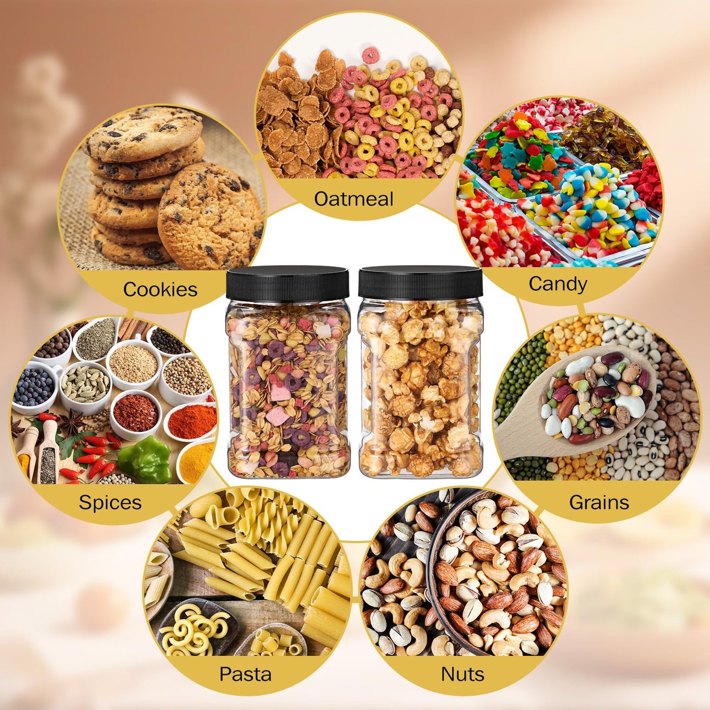 Geiserailie 6 Pcs Square Clear Plastic Jars with Pinch Handle Plastic Storage Container with Screw-on Lids Reusable Wide Mouth Canisters for Dry Good Peanut Cookies Candy (32 oz,Black Lids)