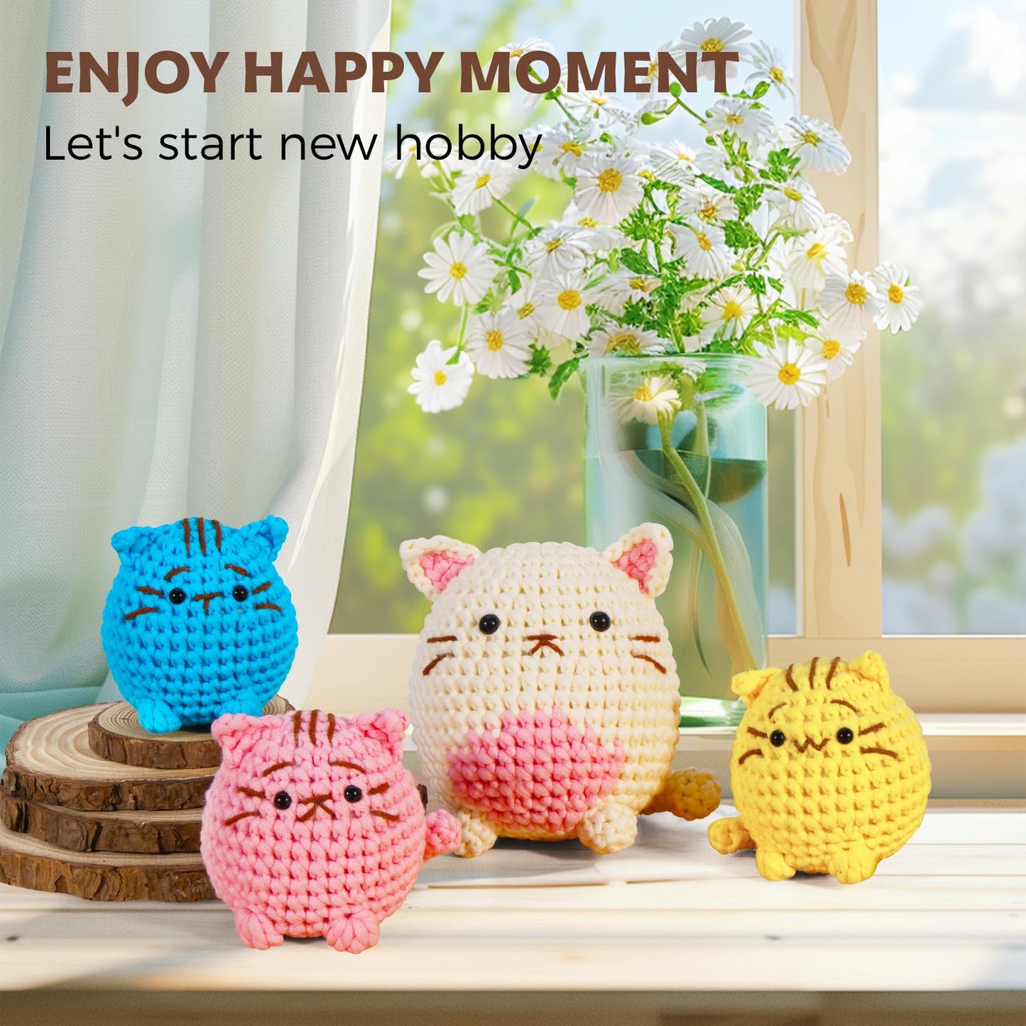 Crochet Kit for Beginners - Learn to Crochet 4 Adorable Cat Amigurumi with Step-by-Step Video Tutorial and Easy Peasy Yarn, Complete Starter Kit for Adults Kids, DIY Craft Gift for Birthday Christmas