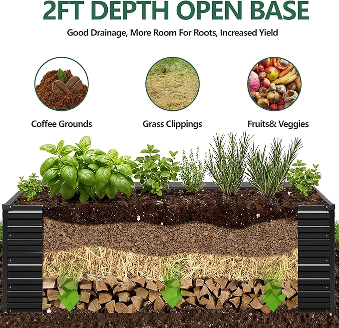 Vengarus 8x4x2FT Galvanized Raised Garden Bed Kit, Large Rectangle Elevated Planter for Vegetables, Flowers, Herbs and Succulents - 479 Gallon Capacity,Black