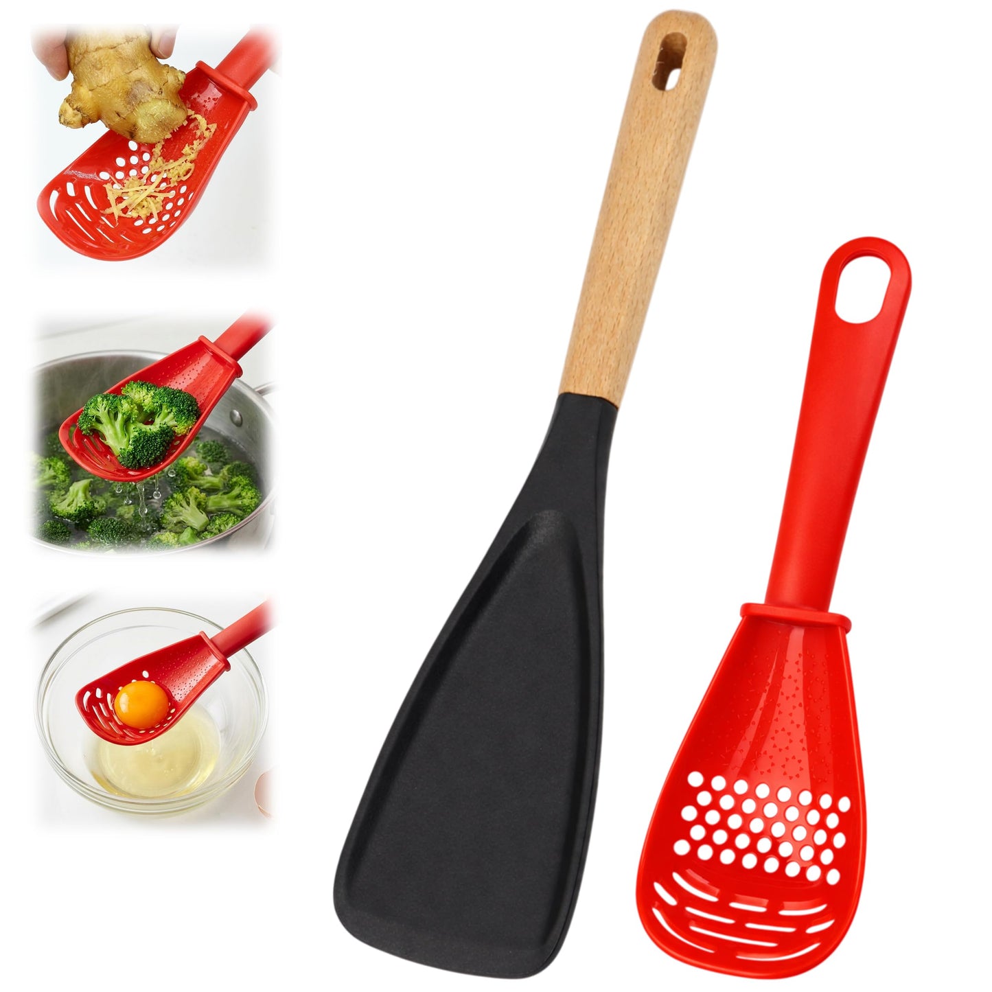 2 Pieces Multi Function Spoon Spatula Set, Multifunctional Kitchen Utensils, 6 in 1 Silicone Slotted Spoonula with Wood Handle, Non Stick Scratch Heat Resistant Design Cookware for Serving & Stirring