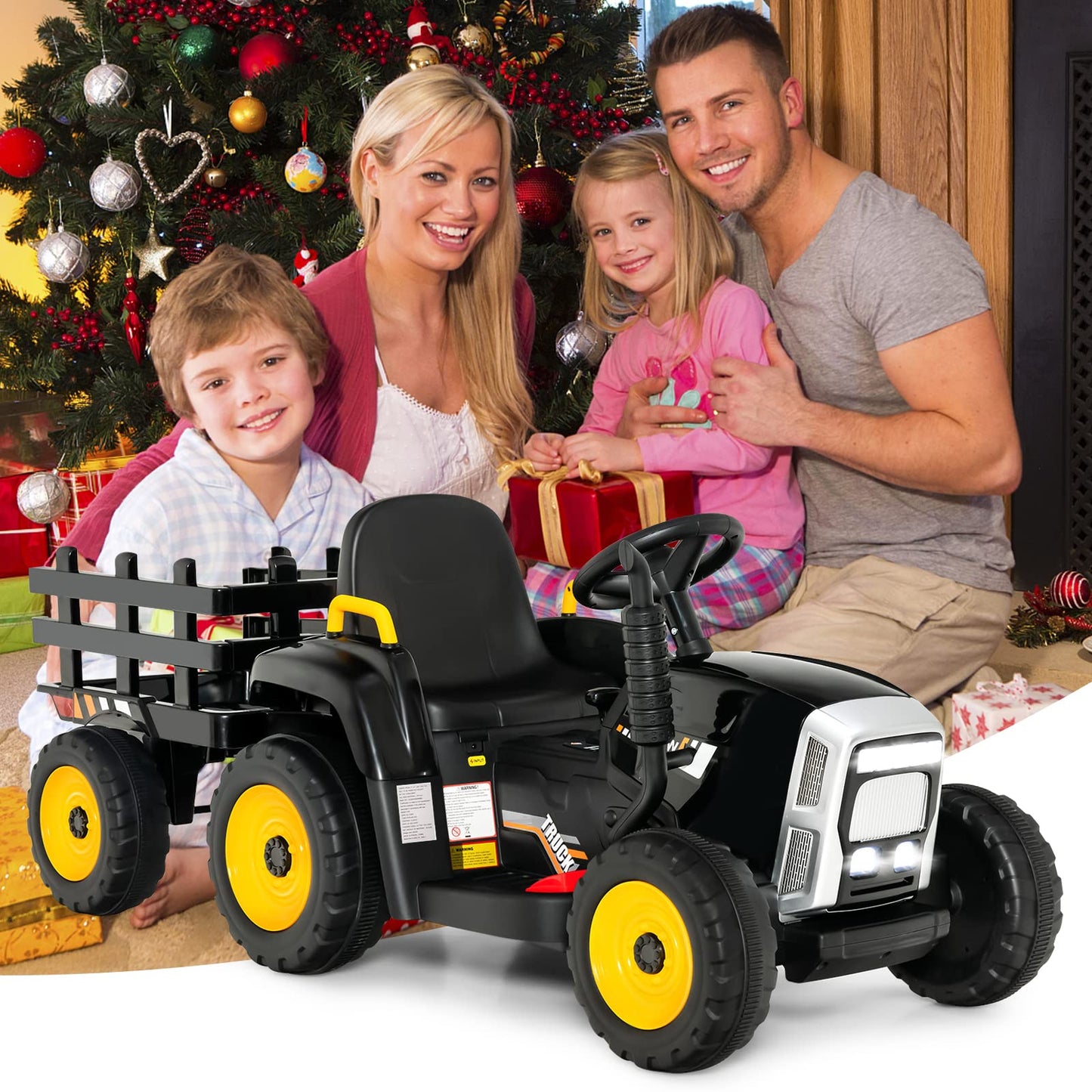 OLAKIDS 12V Kids Ride On Tractor, 2 in 1 Electric Vehicle with Remote Control, Detachable Trailer, Toddlers Battery Powered Driving Toy with 2 Speeds, Music, USB, Bluetooth, Lights (Black)
