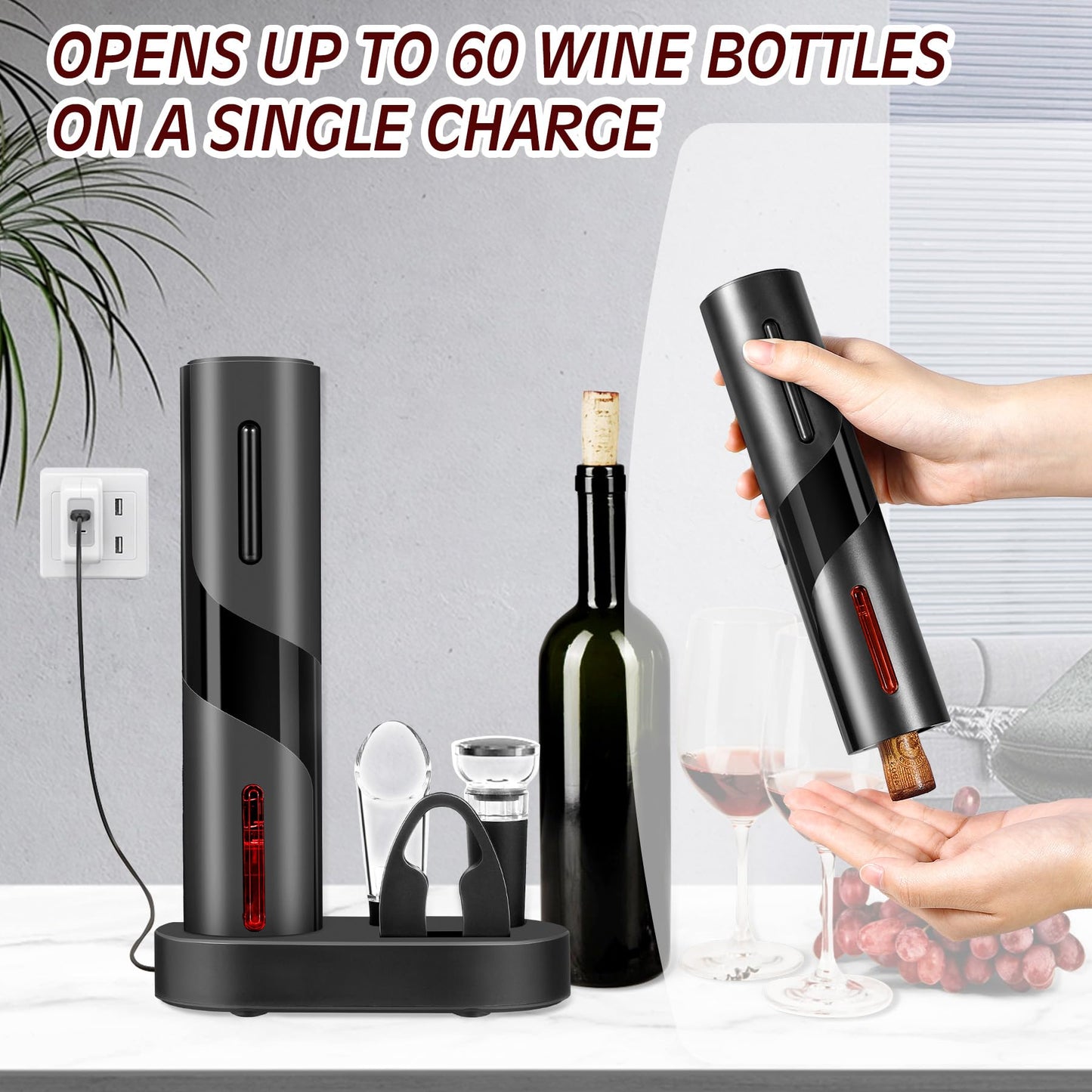 Breezesound 6-in-1 Electric Wine Bottle Opener Set, Cordless Rechargeable Wine Opener with Charging Base, Foil Cutter, Aerator Pourer & Stopper - Perfect Wine Gift Set for Wine Lovers