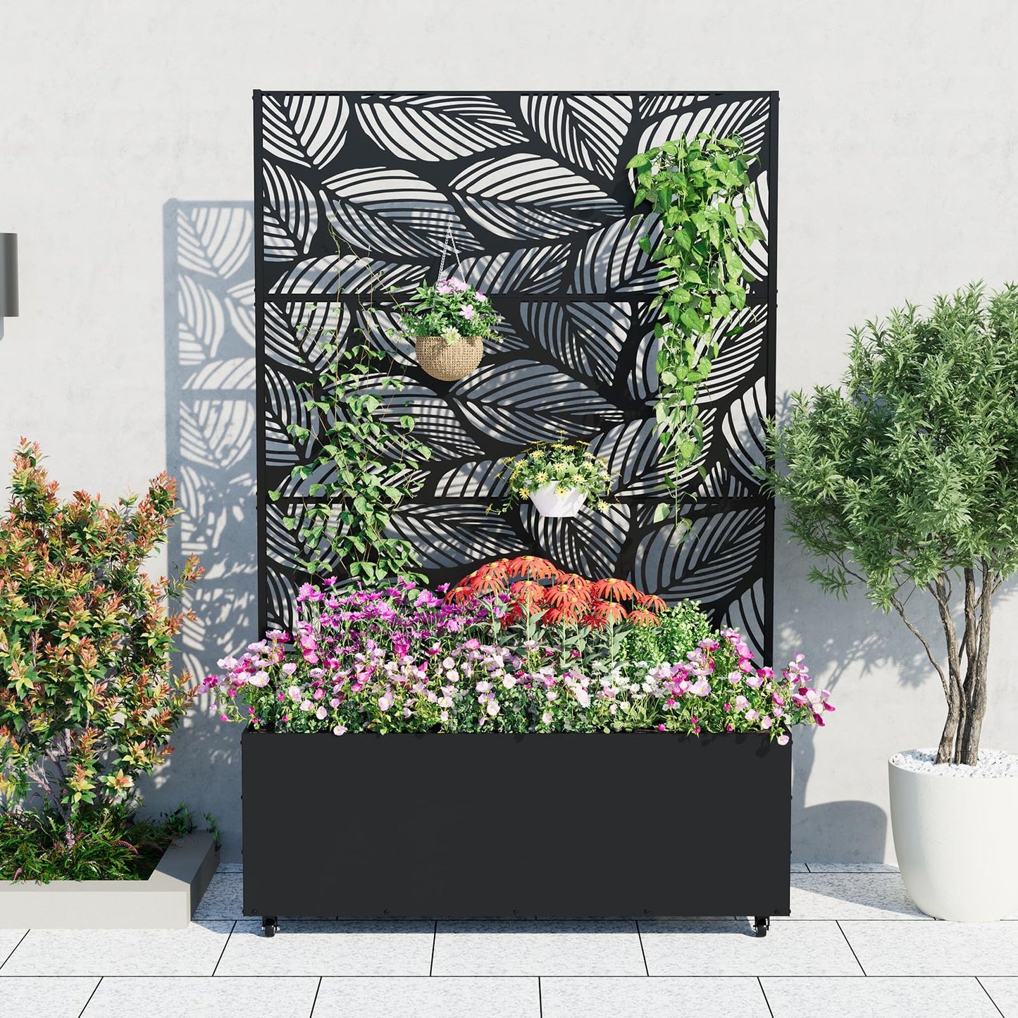 GarveeLife Metal Planter Box with Trellis and Wheels, 71"x47"x16" Raised Garden Bed for Climbing Plants, Vegetables, Vines, Privacy Planters for Patio with Drainage Holes, 15.7" Deep Planting Bed