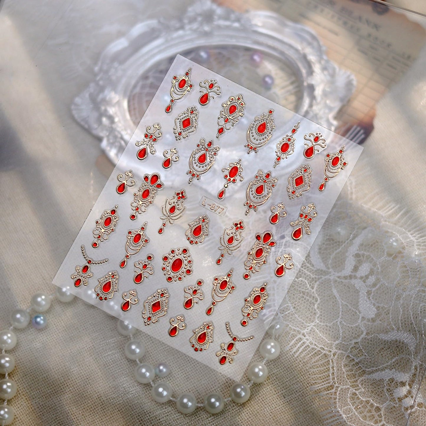 Gem Pattern Nail Art Stickers, 3D Embossed Retro Nail Decals, Self Adhesive Baroque Nails Decoration Supplies for Women Nails Design(Red Gem-6 Sheets)
