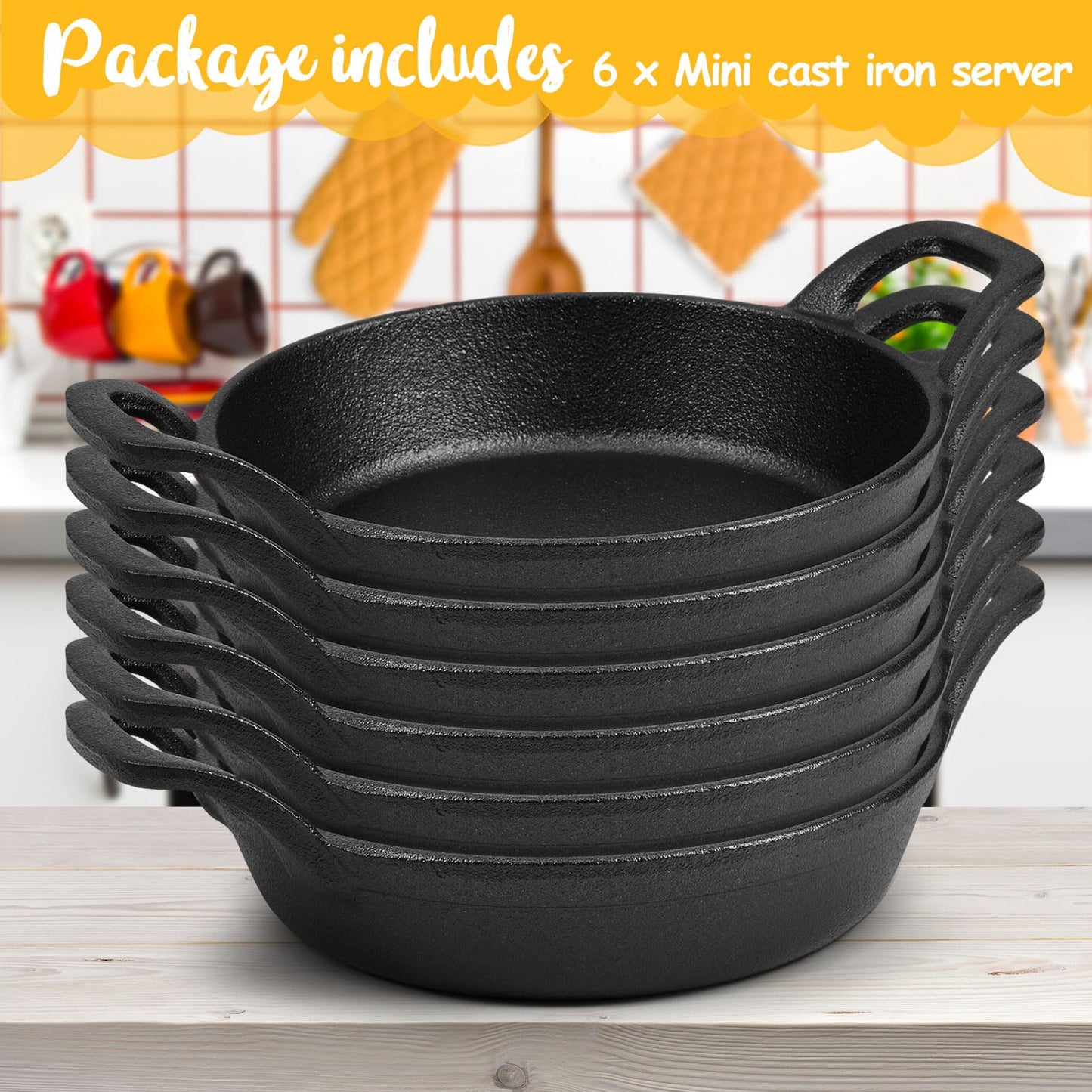 Ziliny Mini Cast Iron Skillets 6.3 x 6.3 x 1.5 Inch Cast Iron Pan Small Ramekin Set Black Casserole Dish Cookware Oven Safe Mini Skillets for Kitchen Indoor Outdoor Picnic (6 Pack)