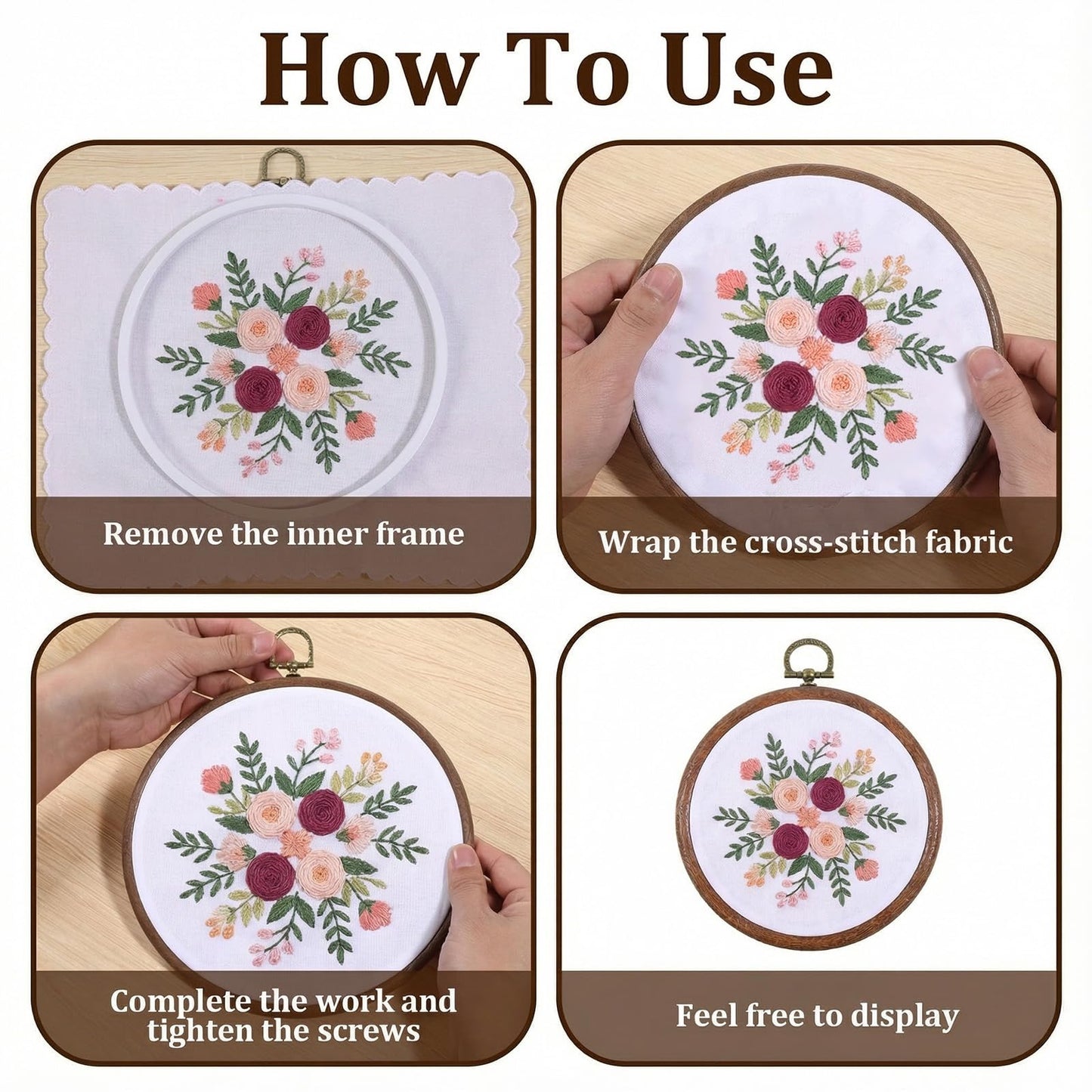 AOZUO 15 Pcs 4 Inch Embroidery Hoops Set, Round Imitated Wood Cross Stitch Hoop Rings Circle Display Frame Kits for Art Craft Sewing Embroidery Handy DIY Ornaments Christmas Decoration