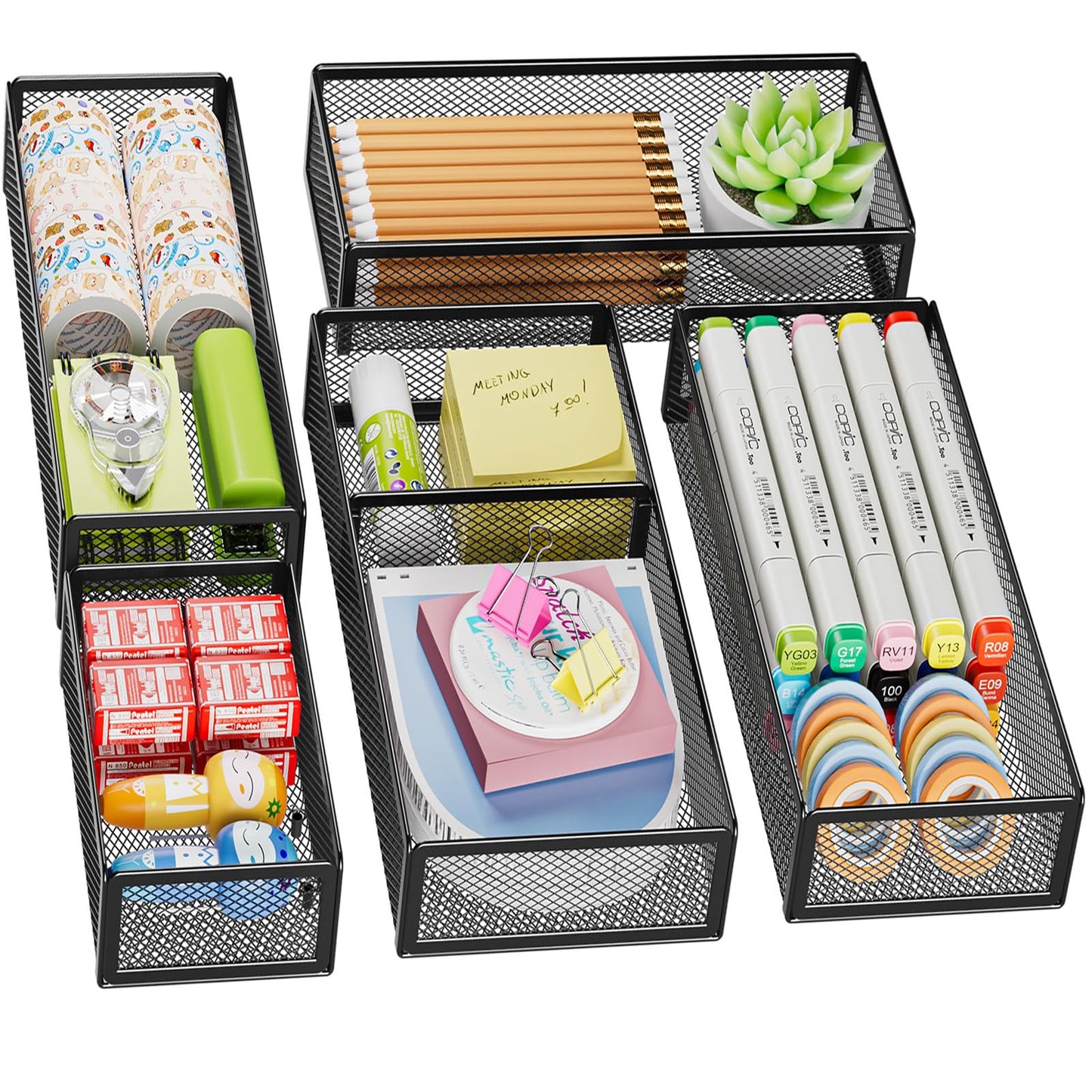 Marbrasse 5 Pack Desk Drawer Organizer Set, Mesh Drawer Storage Trays with 1 Adjustable Divider, Desk Organizers and Accessories, 5 PCS Drawer for Office Supplies, Makeup & Vanity (Black)