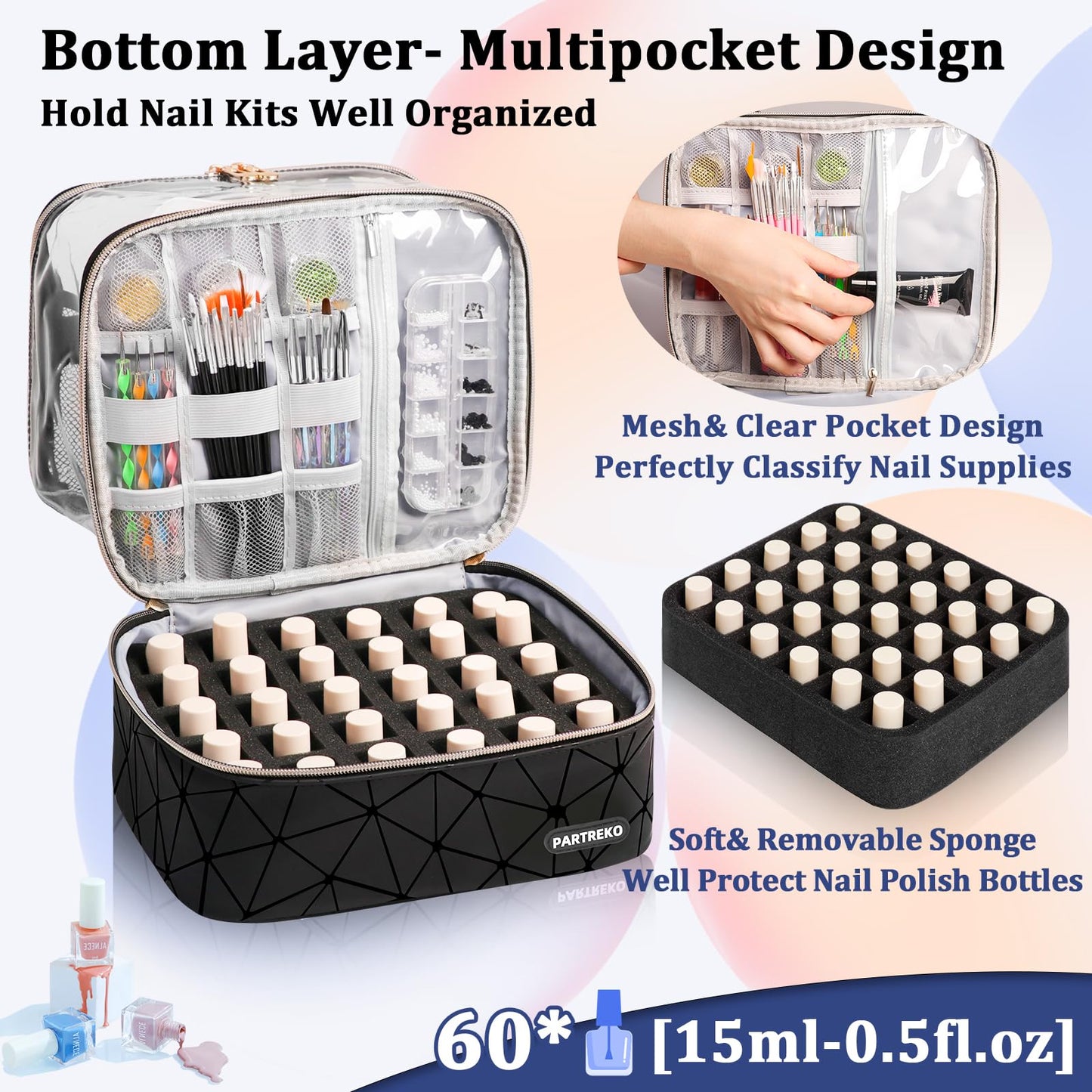 Partreko Clear Nail Polish Organizer Holds 60 Bottles (15ml/0.5fl.oz)& Nail Lamp, Double Layer Nail Supplies Organizer Case Transparent, PU Leather Nail kit Storage Bag for Manicure Tools (Black)