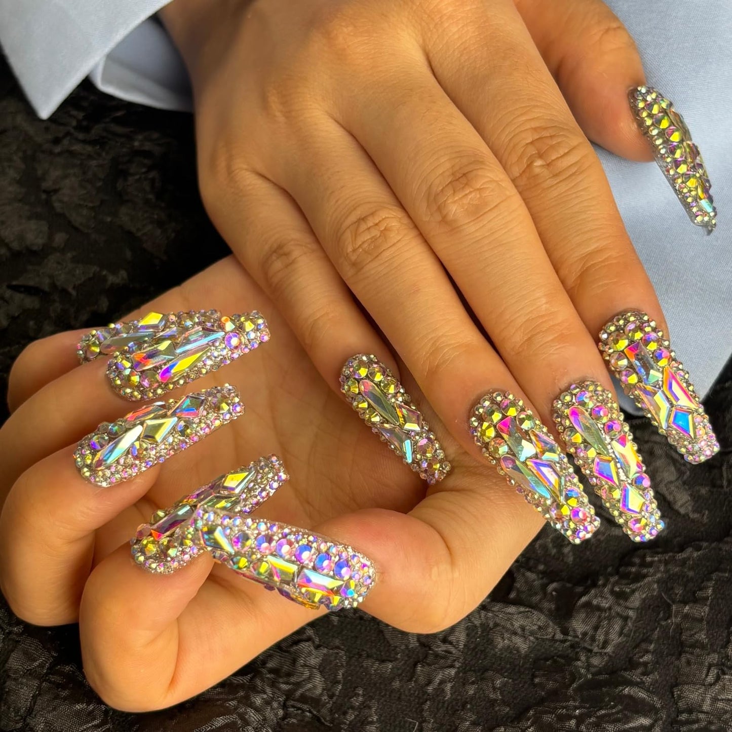 AKA Unicorn Trendy Handmade Press On Nails Long Square Shape,10Pcs Crystal AB Diamonds Acrylic Fake Nails with 3D Rhine Stone Luxury Design Stick On Nail for Woman Gift