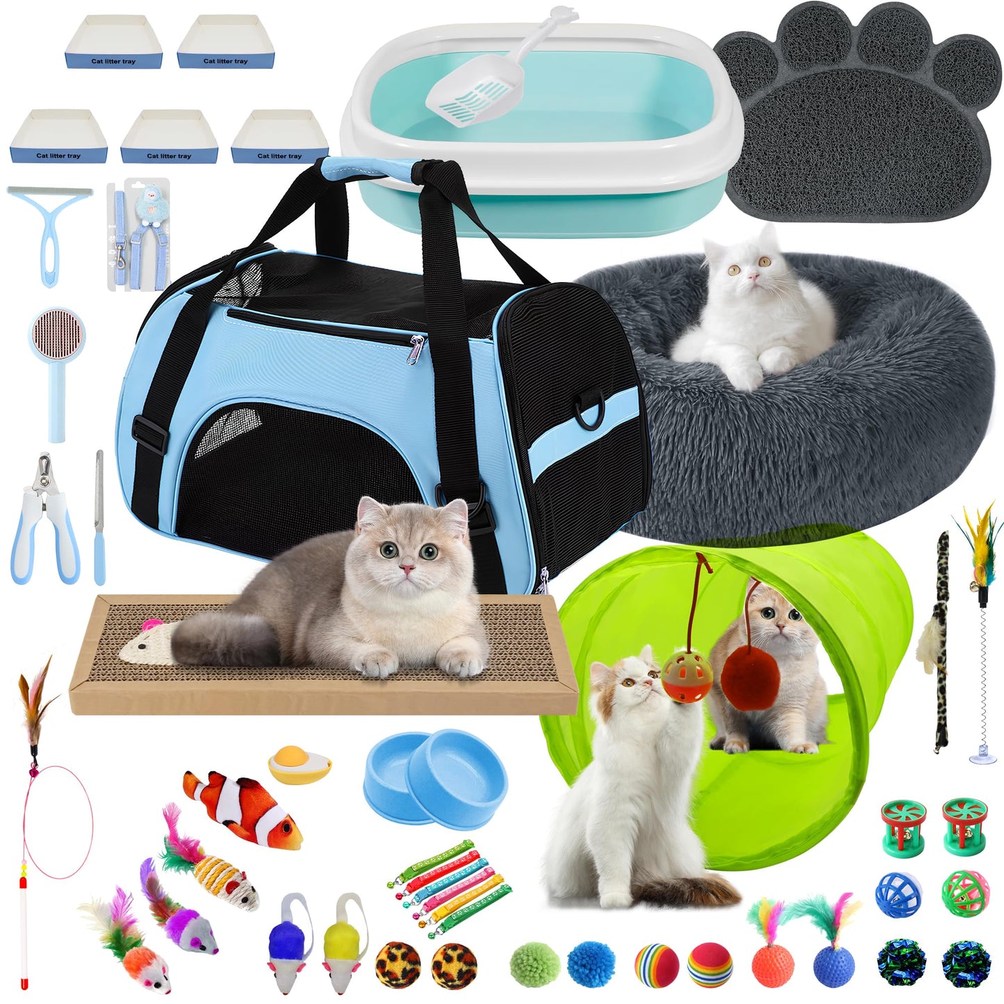 BERXOL 47PCS Kitten Essentials Starter Kit, Ideal for Cats Under 6 Months, Featuring 21-Piece Toy Set, Bed, Carrier, Litter Box, Bowls & More, Perfect for New Cat Owners - Blue
